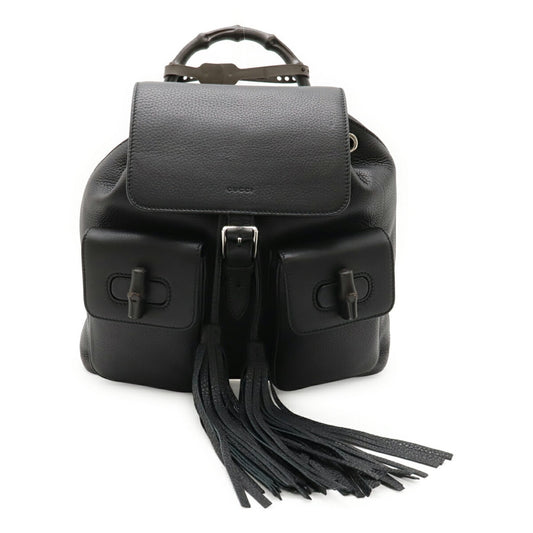 GUCCI Bamboo Backpack Shoulder Bag with Tassel, Leather, Black, 370833
