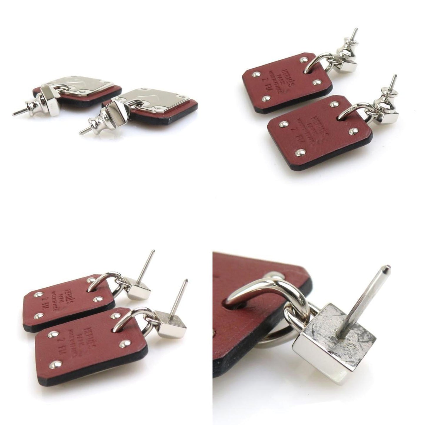 HERMES Earrings As de Coeur Metal Leather Silver Brown Women's e60269g