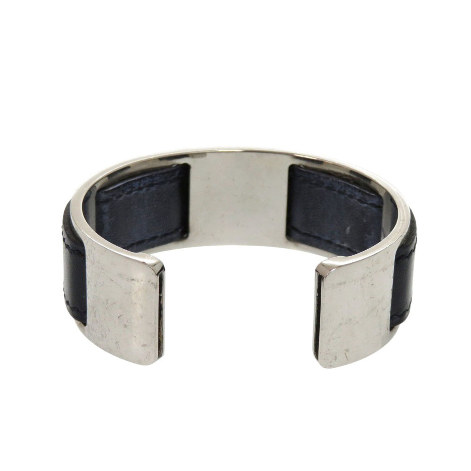 Hermes Bangle Leather Metal Silver Black Bracelet 0128