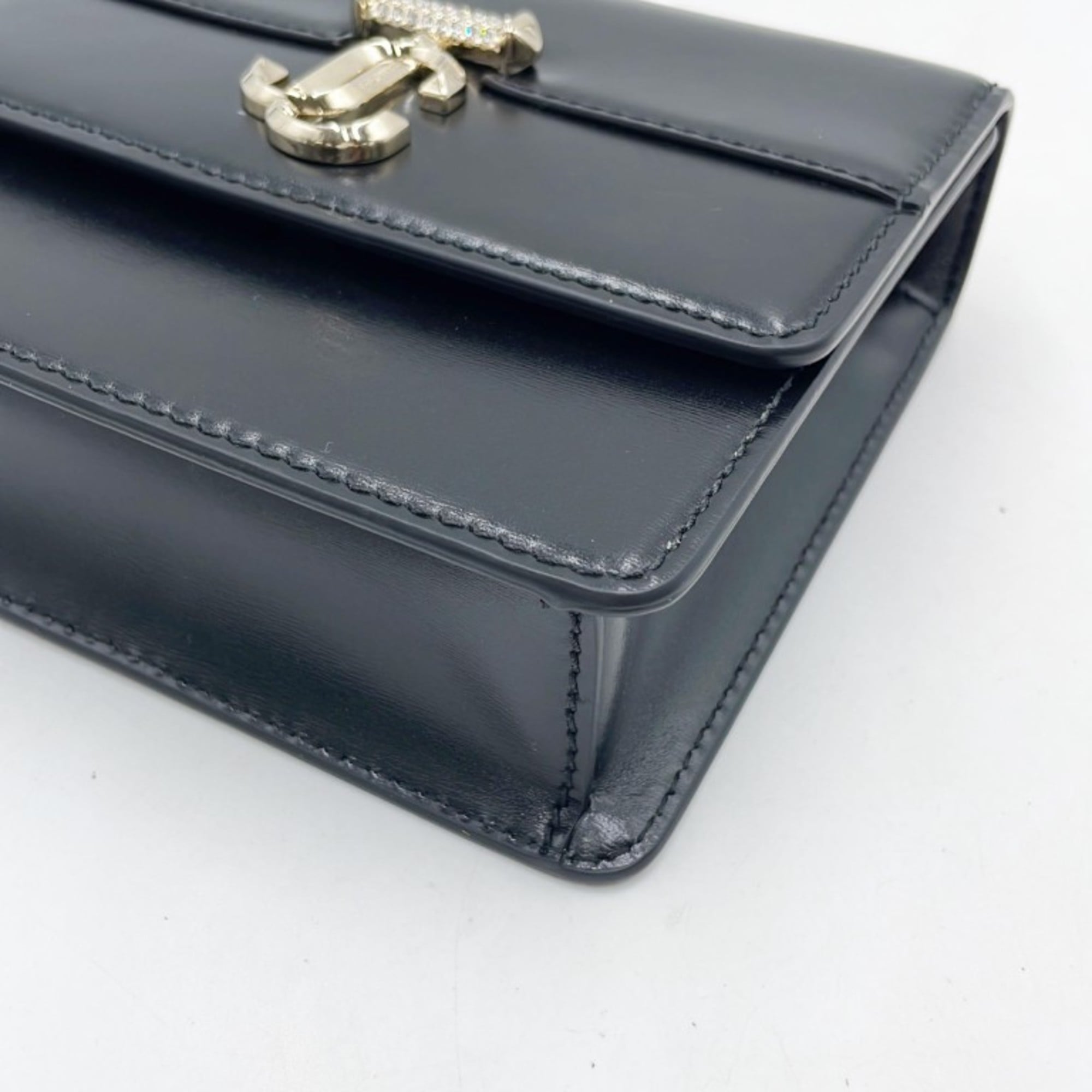 JIMMY CHOO Varenne Shoulder Bag, XS, Black Leather, Women's, Rhinestones and Faux Pearls