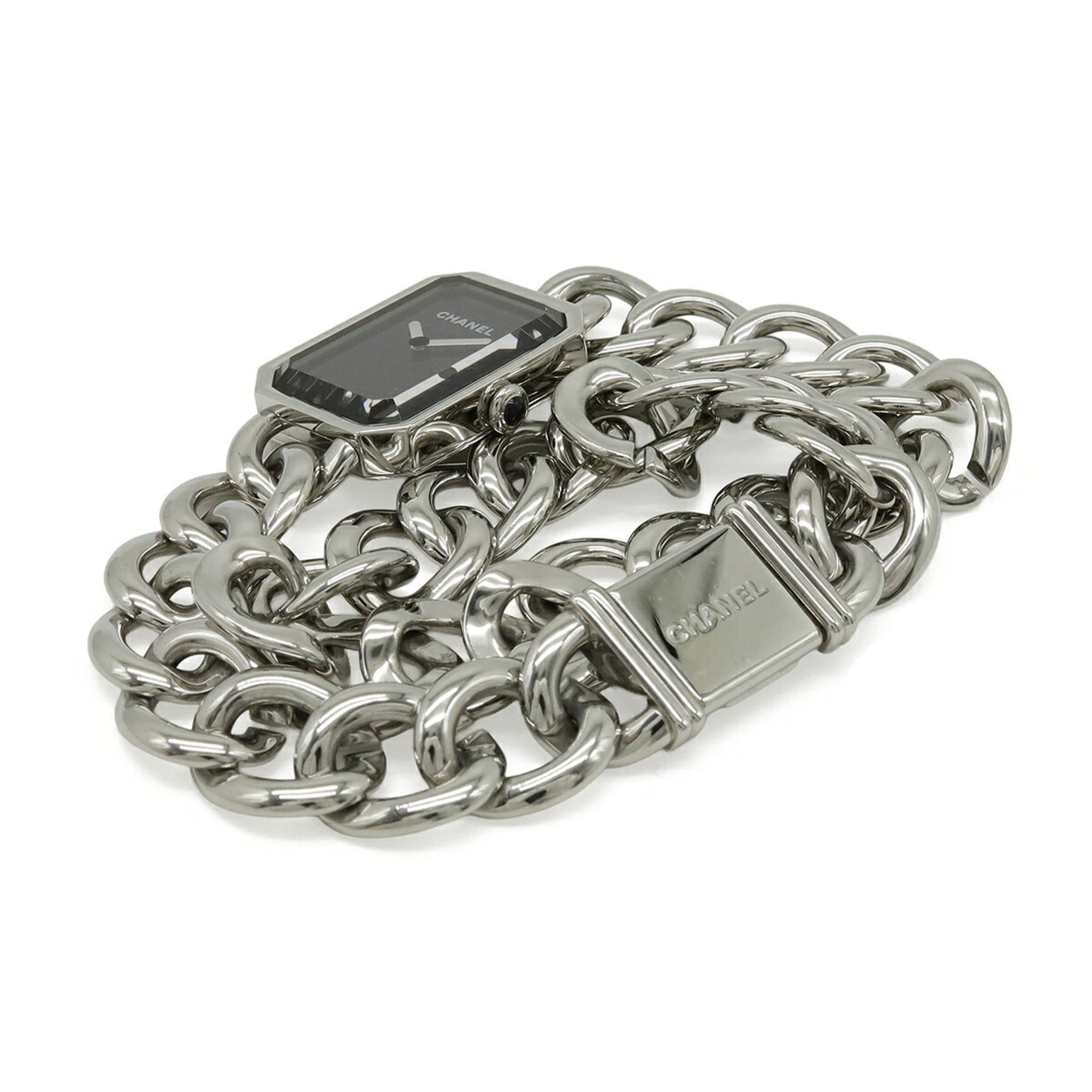 CHANEL Premiere Double Chain Black Dial Stainless Steel Women's Quartz Watch H4199 — Like New