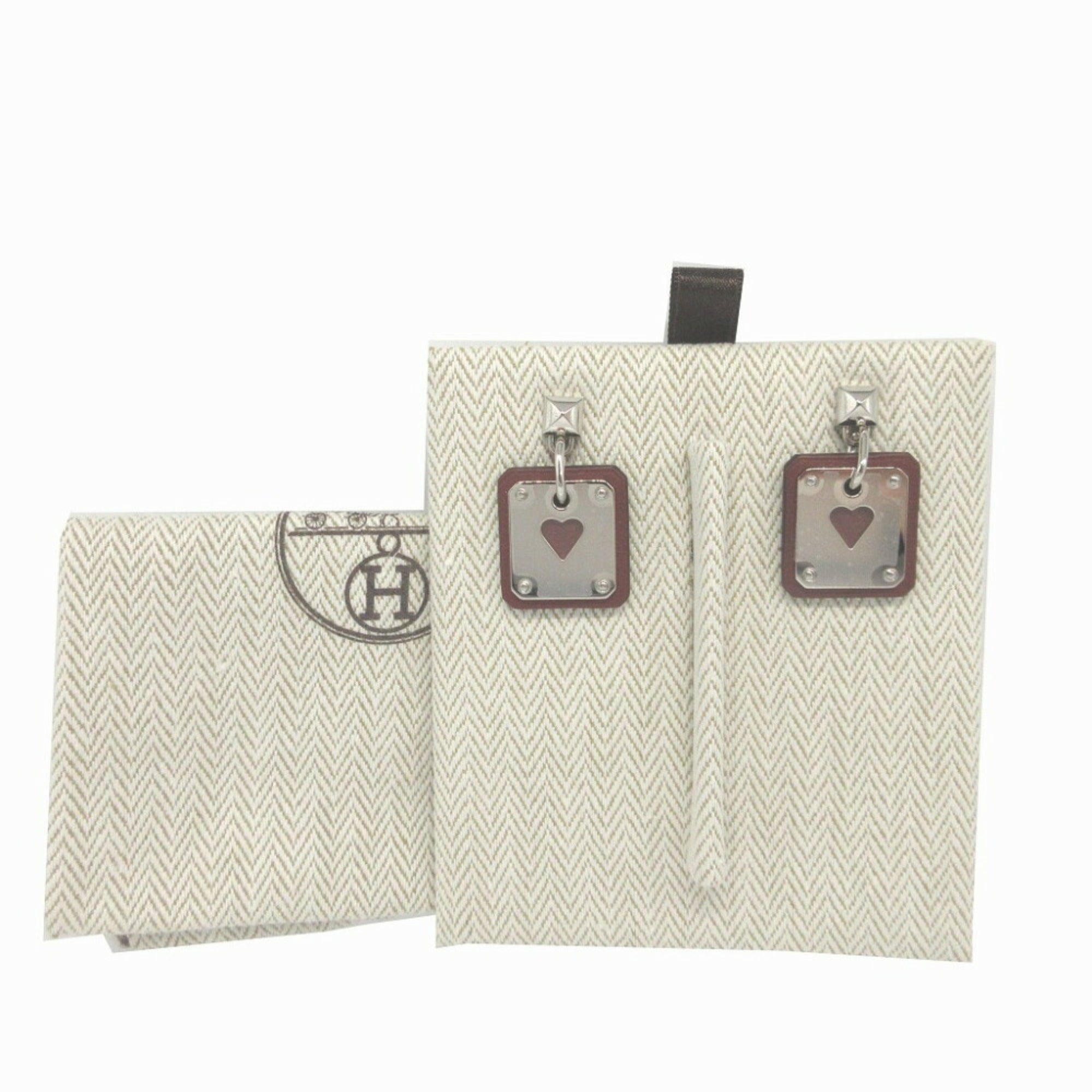 Hermes Asdukur Z engraved heart leather metal brown silver earrings 1256HERMES — Like New