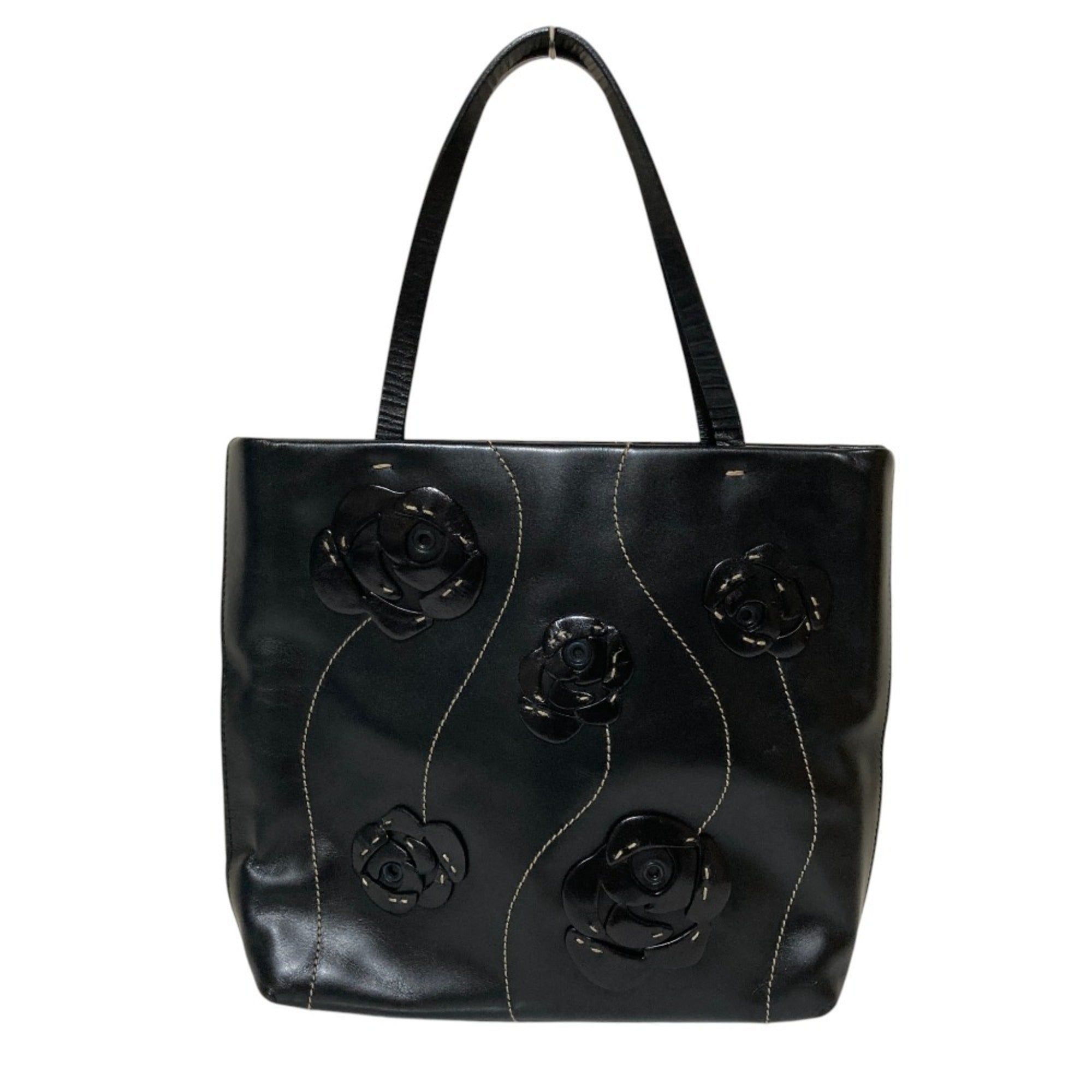 PRADA Triangle Logo Plate Flower Motif Leather Handbag B11285 Black Women's — Like New