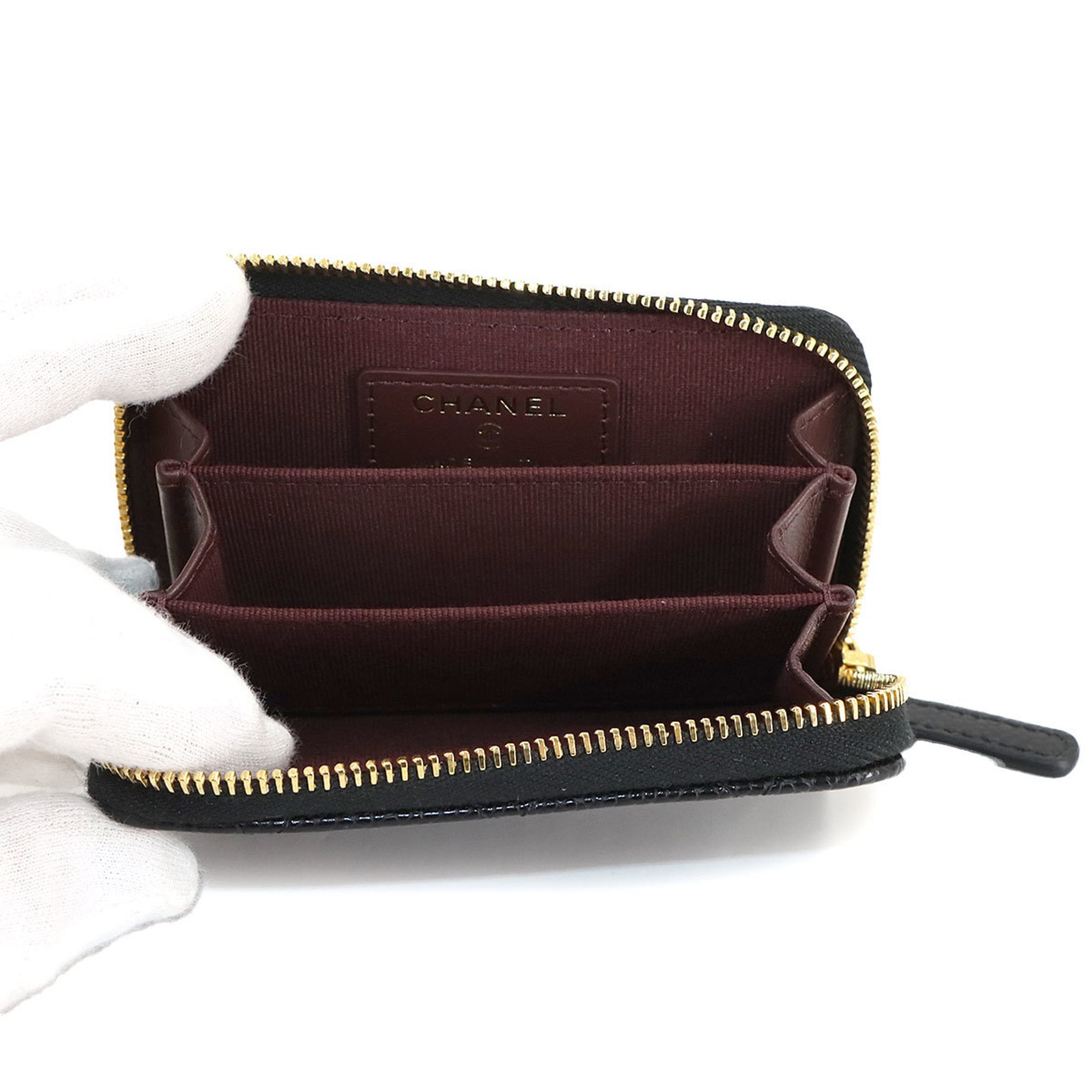 CHANEL Matelasse Classic Zip Coin Purse, Caviar Leather, Black, Coco Mark, Gold Hardware, AP0216