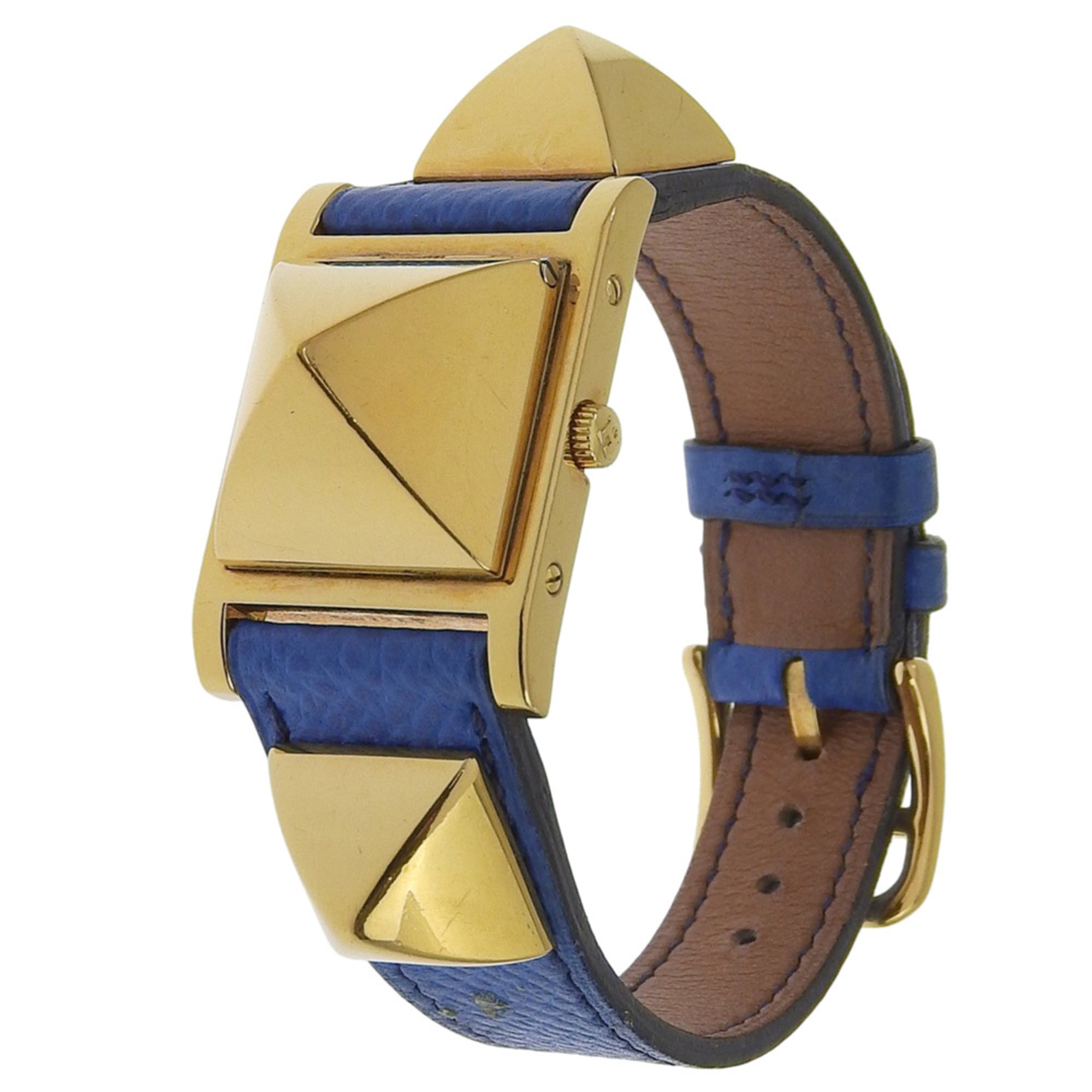 Hermes Medor watch, gold plated x leather, 1994 model, quartz, analog, white dial, women's — Good
