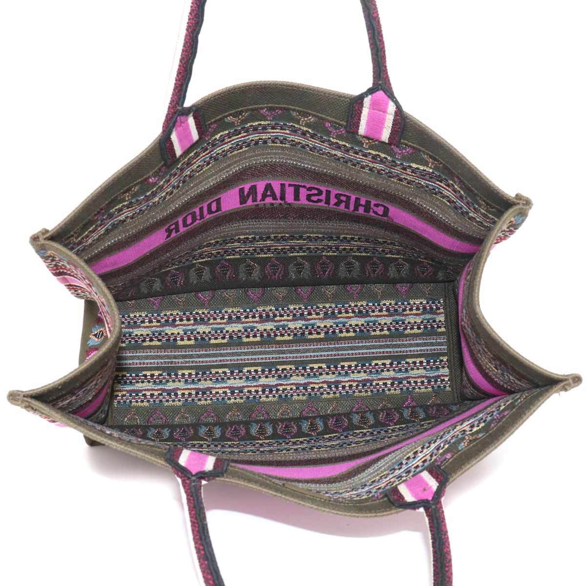 Christian Dior Book Tote Large Handbag, Canvas, Khaki, Multicolor Botanical Print — Like New