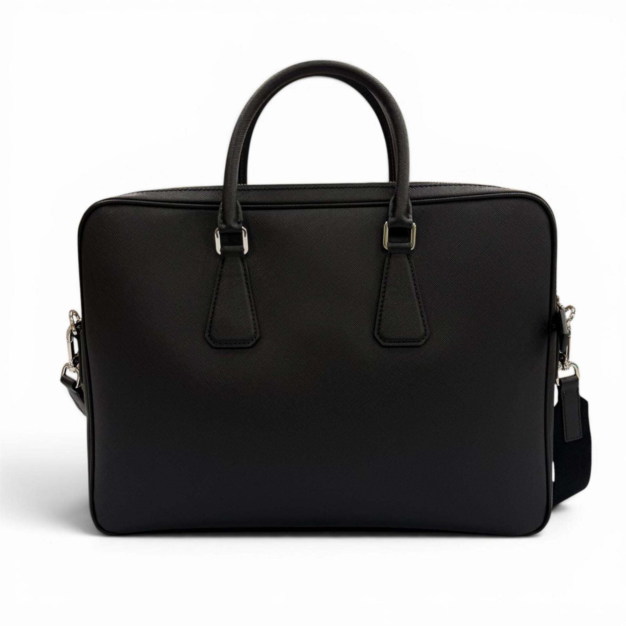 PRADA 2VE022 Saffiano Leather Triangle Logo 2-Way Briefcase Business Bag Black Made in Italy Men's — Like New