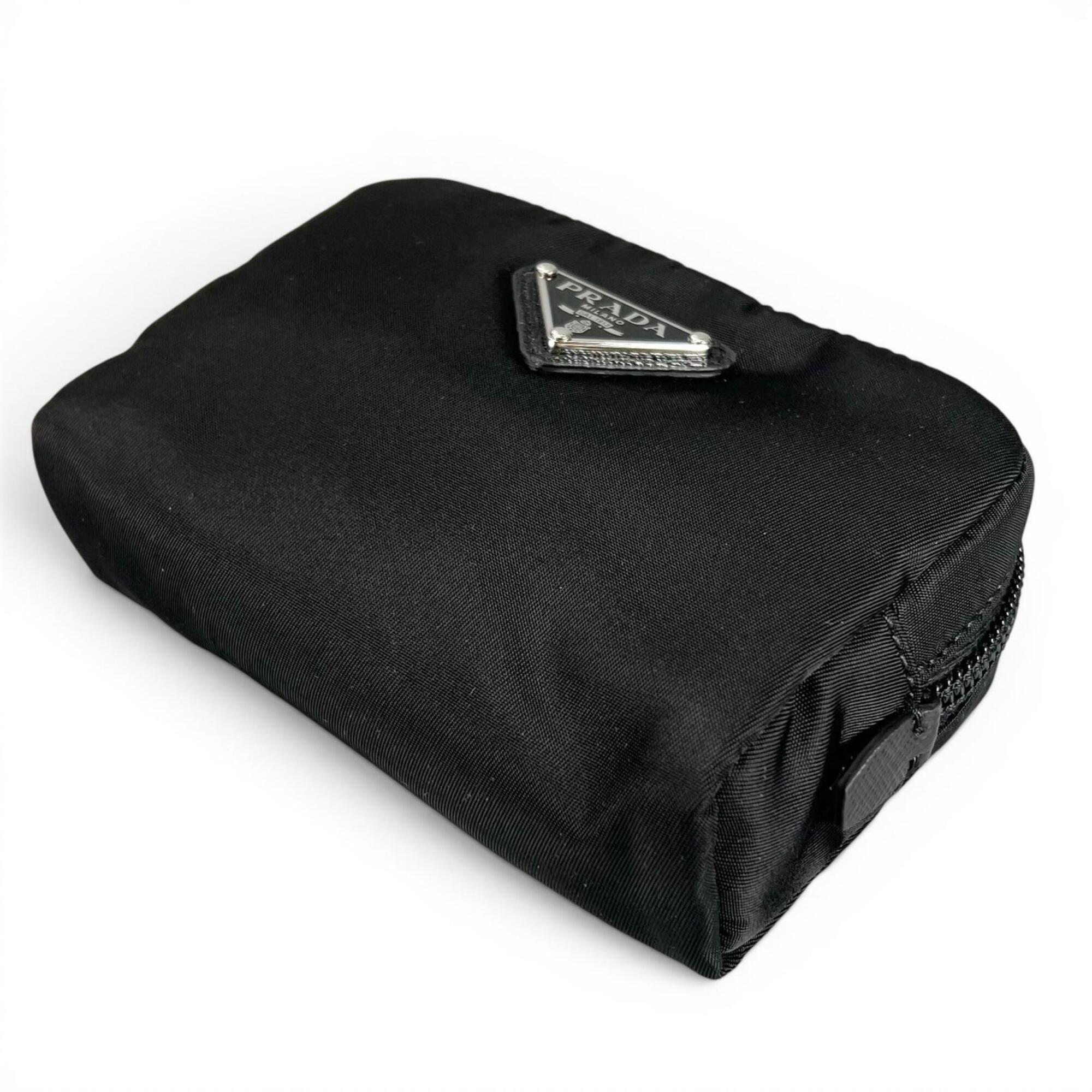 PRADA Re-Nylon Triangle Logo Cosmetic Pouch, Nylon Black, Made in Italy, Women's, with Box — Like New