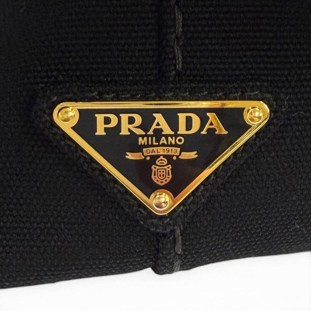 PRADA 1BG439 Canapa NERO Triangle Logo Plate Design Canvas 2-way Tote Bag for Women with Dust — Like New