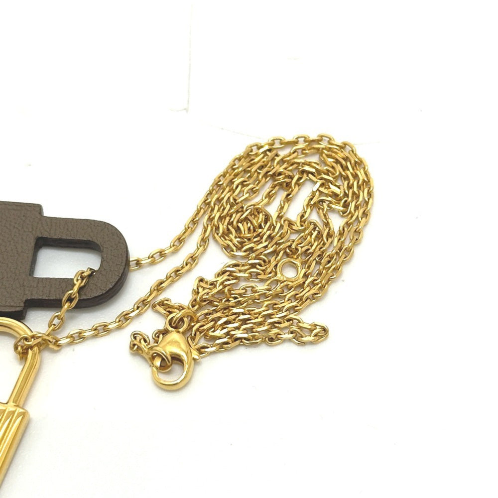 HERMES O'Kelly PM Necklace with Padlock Motif, GP Swift Leather, Etoupe Brown, Like New — Like New
