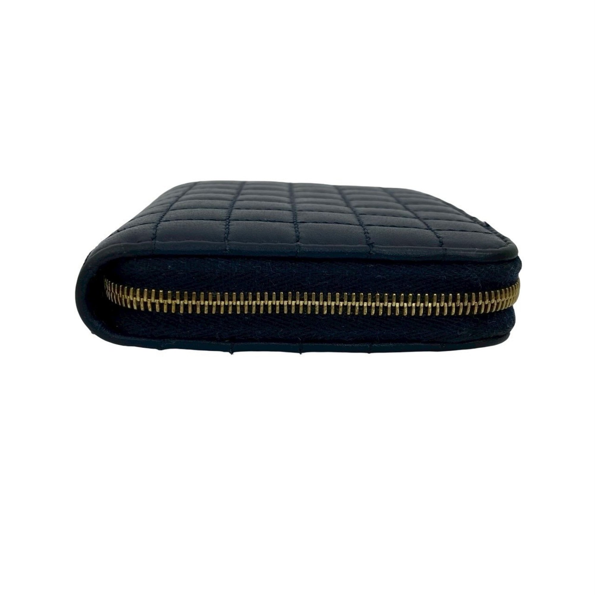 CELINE C Charm Compact Wallet, Quilted Leather, Genuine Round Zip, Bifold Navy, 37267