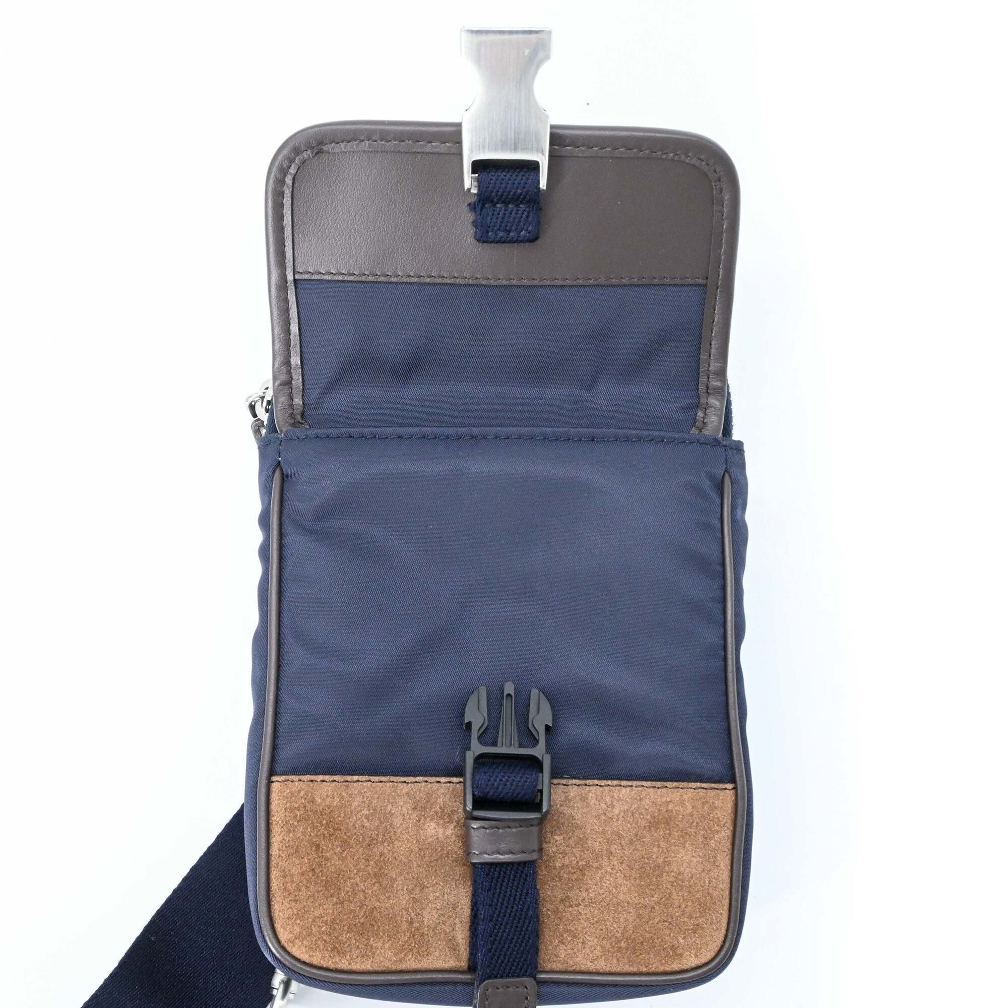 PRADA Suede and Nylon Shoulder Bag, Triangle Design, Navy Brown — New - Store Return