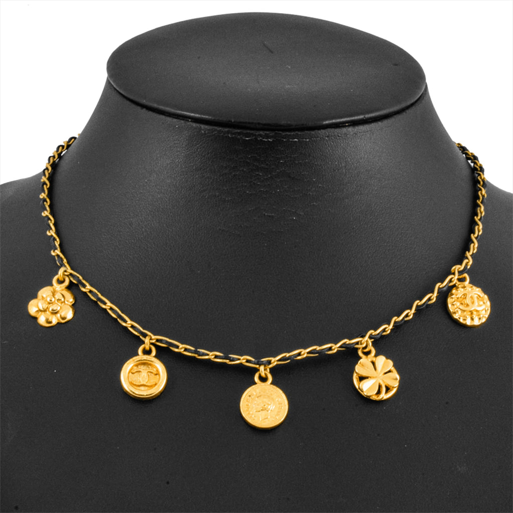 CHANEL Choker Necklace, Metal, Leather, 96 P Engraved, Gold, Coco Mark, Coin, Medal, Clover, Camellia, Women's