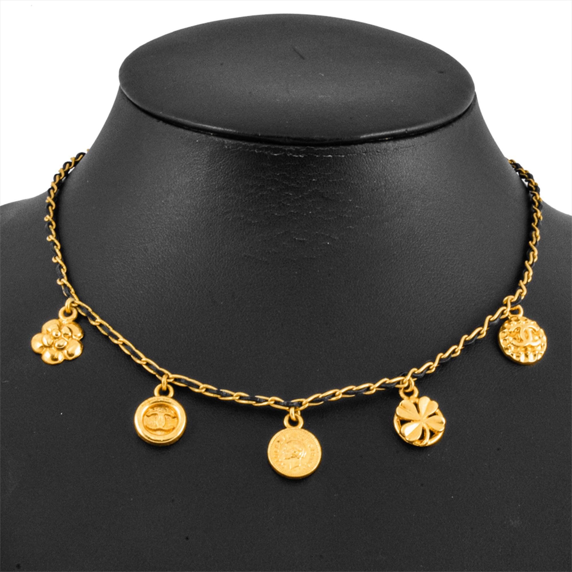 CHANEL Choker Necklace, Metal, Leather, 96 P Engraved, Gold, Coco Mark, Coin, Medal, Clover, Camellia, Women's