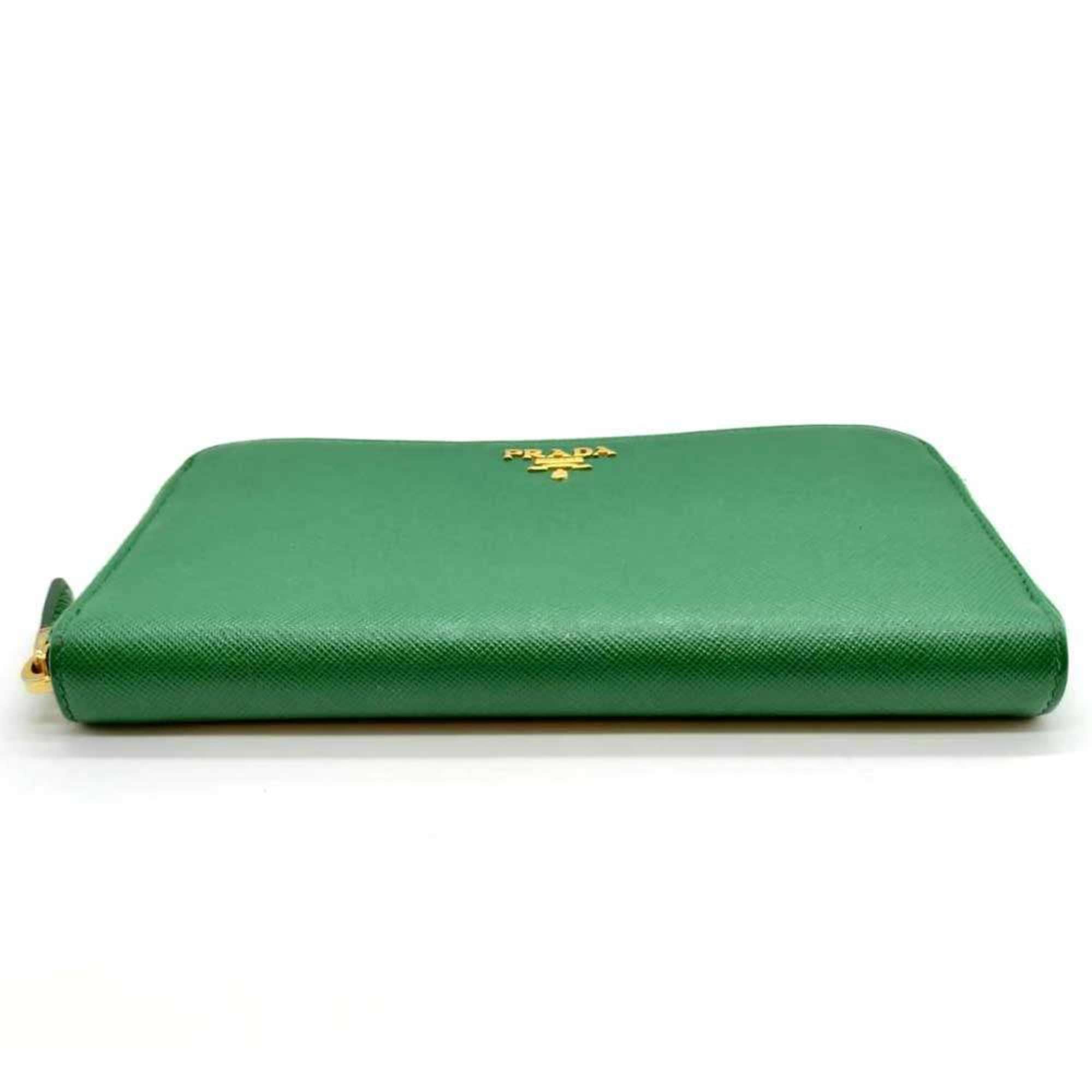 Prada round long wallet in green Saffiano leather.