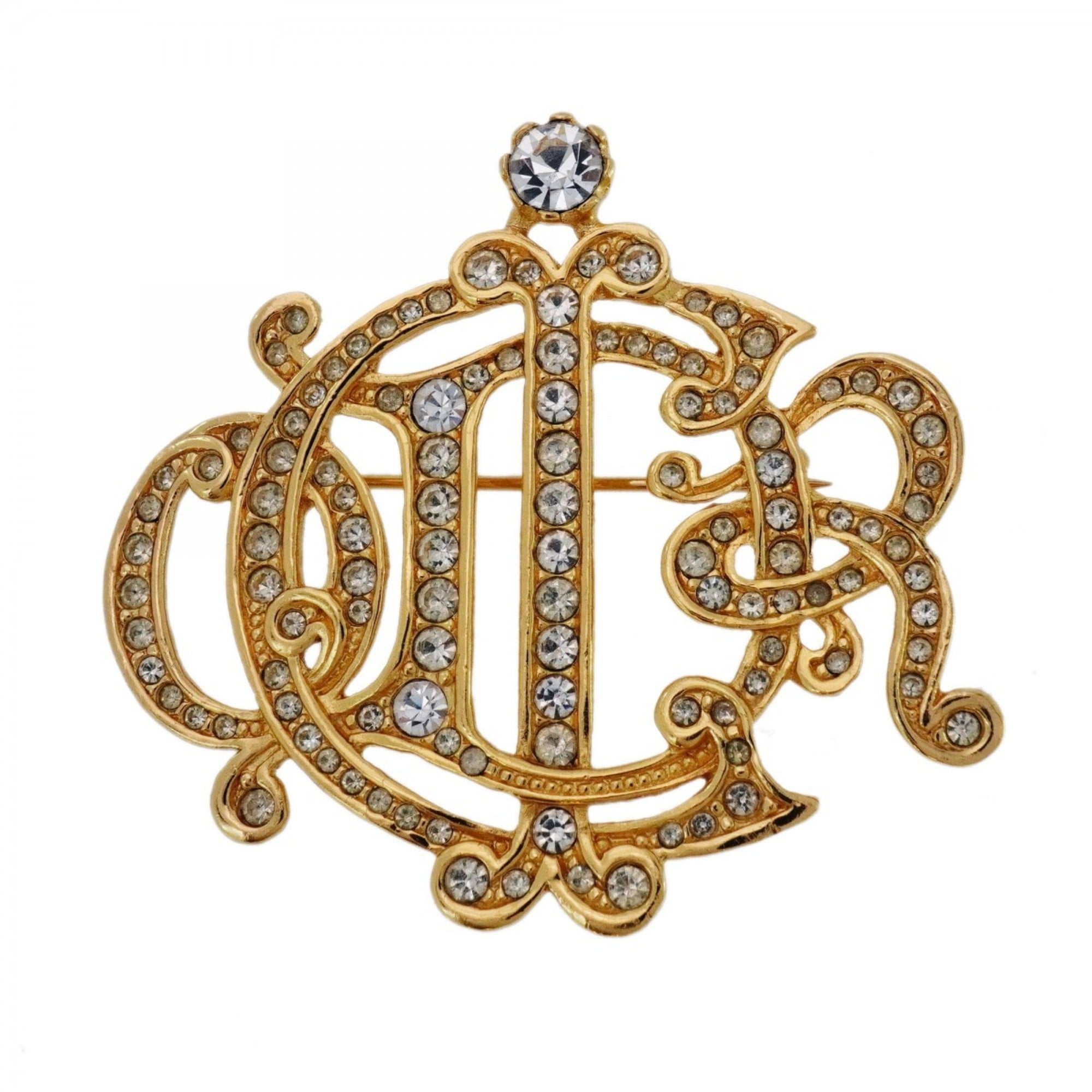 Christian Dior Brooch Emblem GP Plated Rhinestone Gold for Women