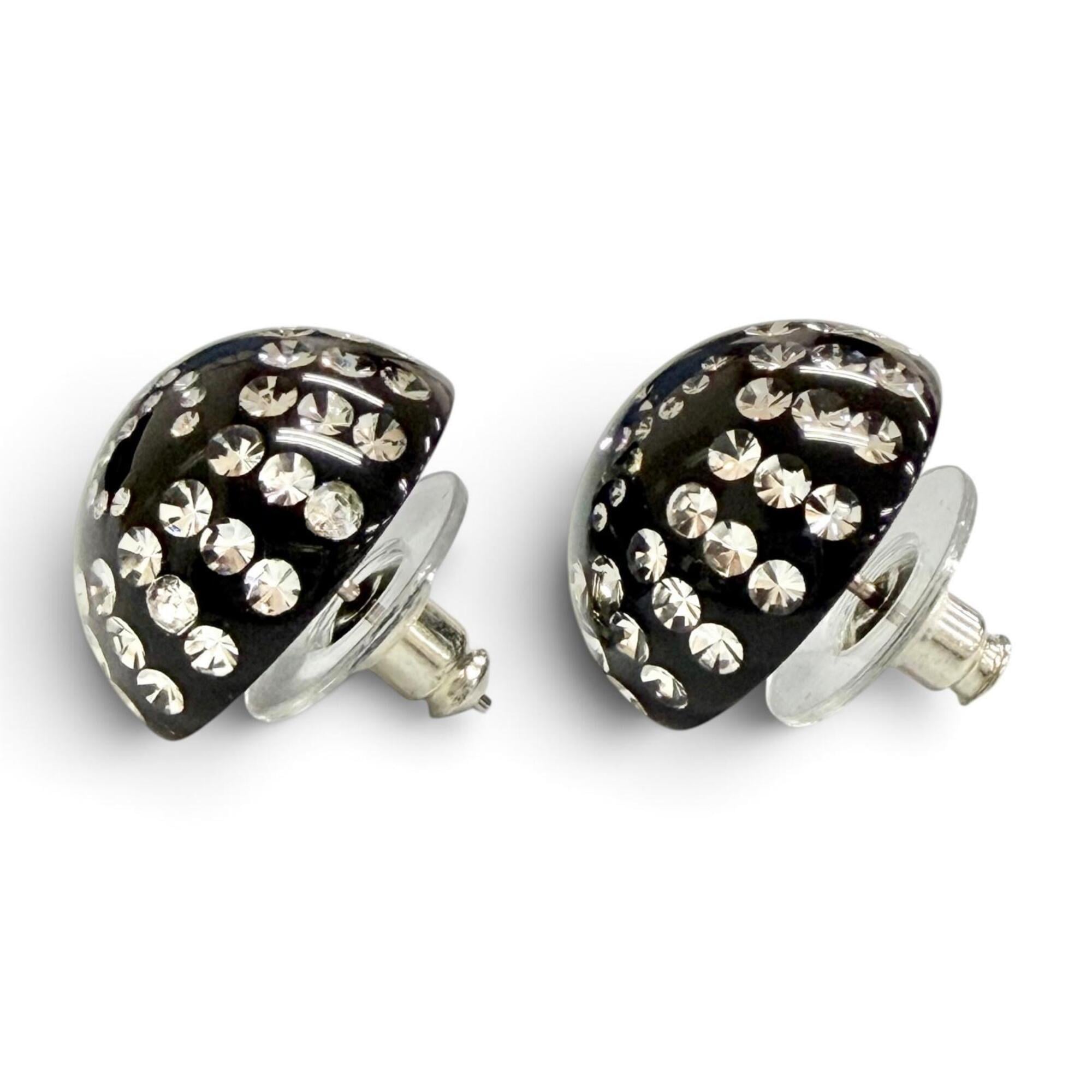 CHANEL D26A Coco Mark Crystal Rhinestone Monotone Stud Earrings, Black, Made in France, Women's, with Box. (Pair) — Like New