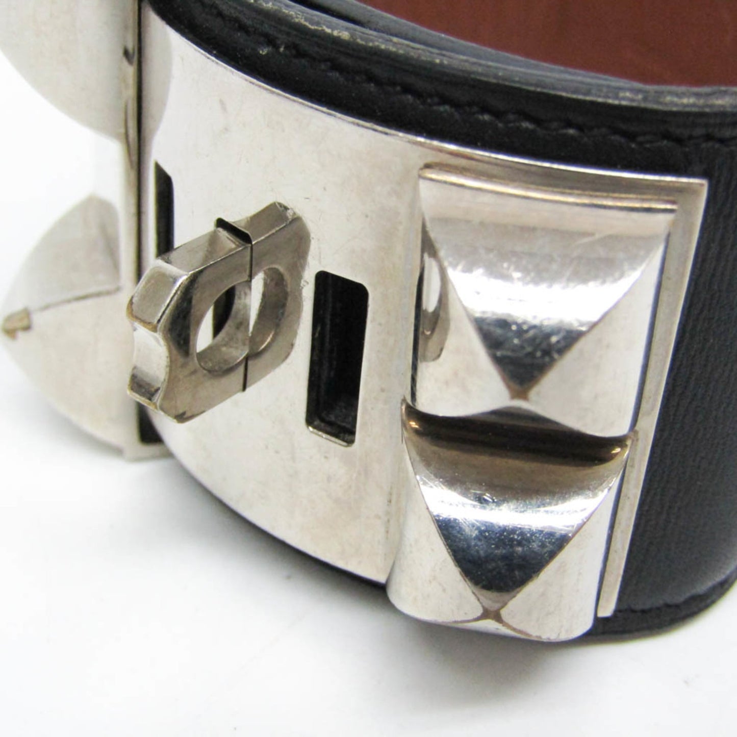 Hermes Collier De Chien Leather,Metal Bangle Silver,Black