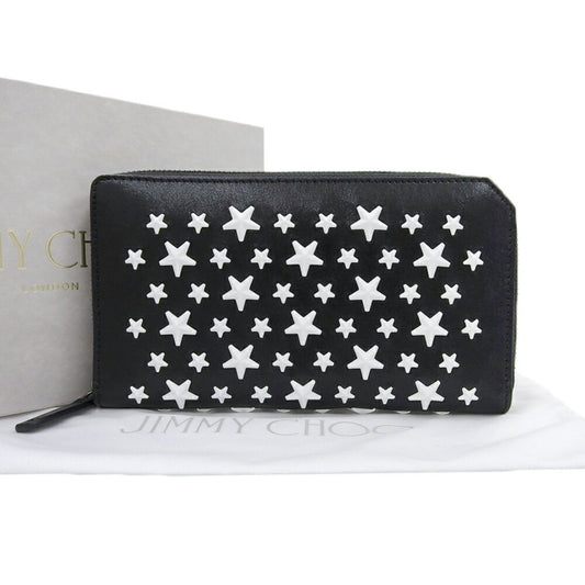 JIMMY CHOO round long wallet in black leather with white studs and stars