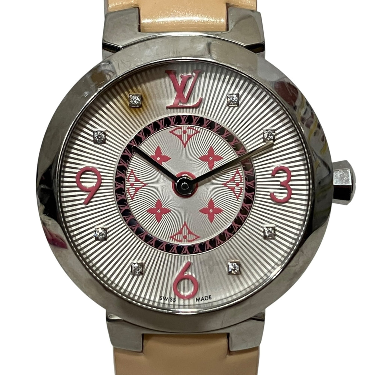 Louis Vuitton Tambour Monogram PM Watch, Verny, Total Weight 36.3g, Stainless Steel, Genuine Leather Strap, Quartz Movement, White Dial, Q12MG — Good