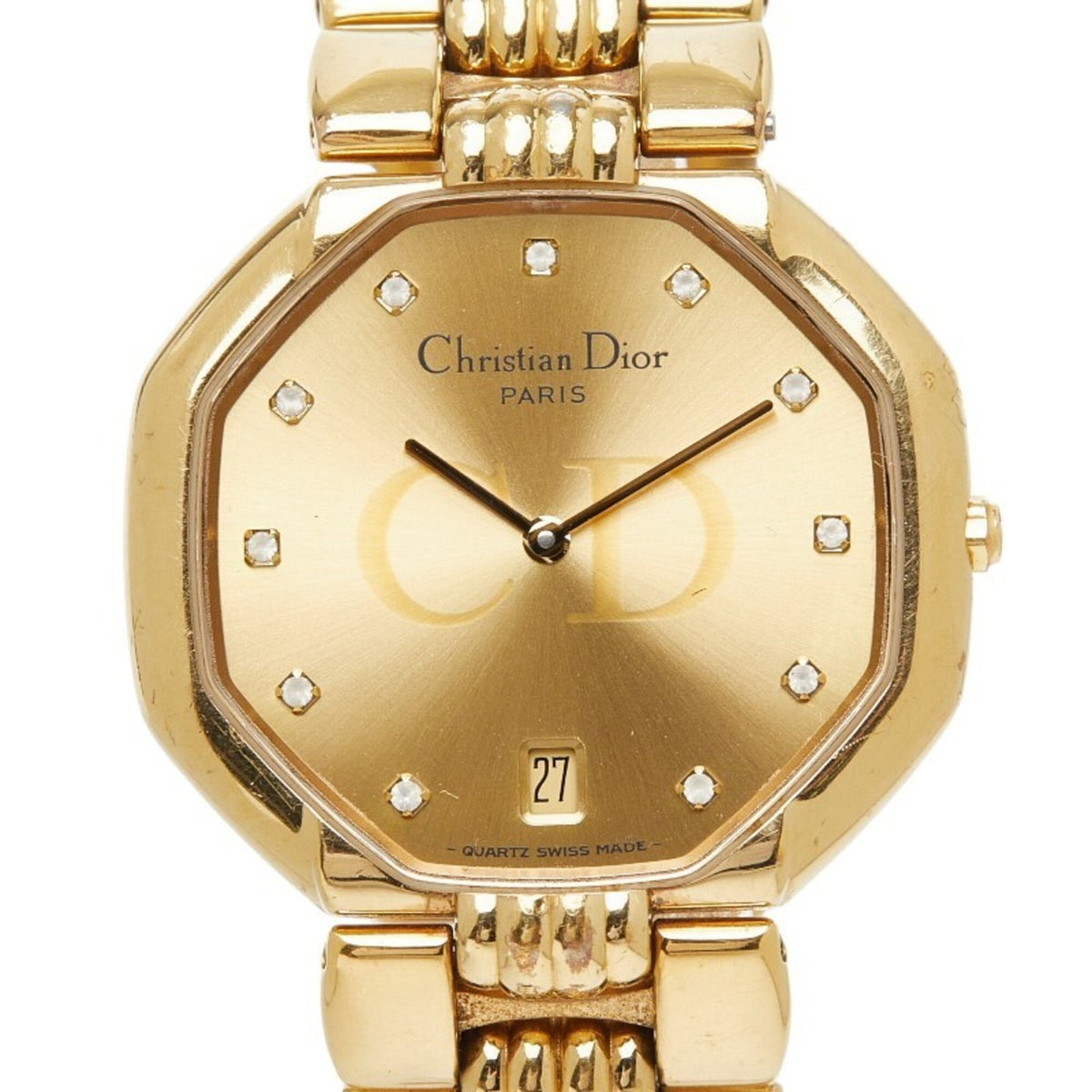 Dior Depose Octagon Watch 45 154 Quartz Gold Dial Stainless Steel Rhinestone Women's — Good