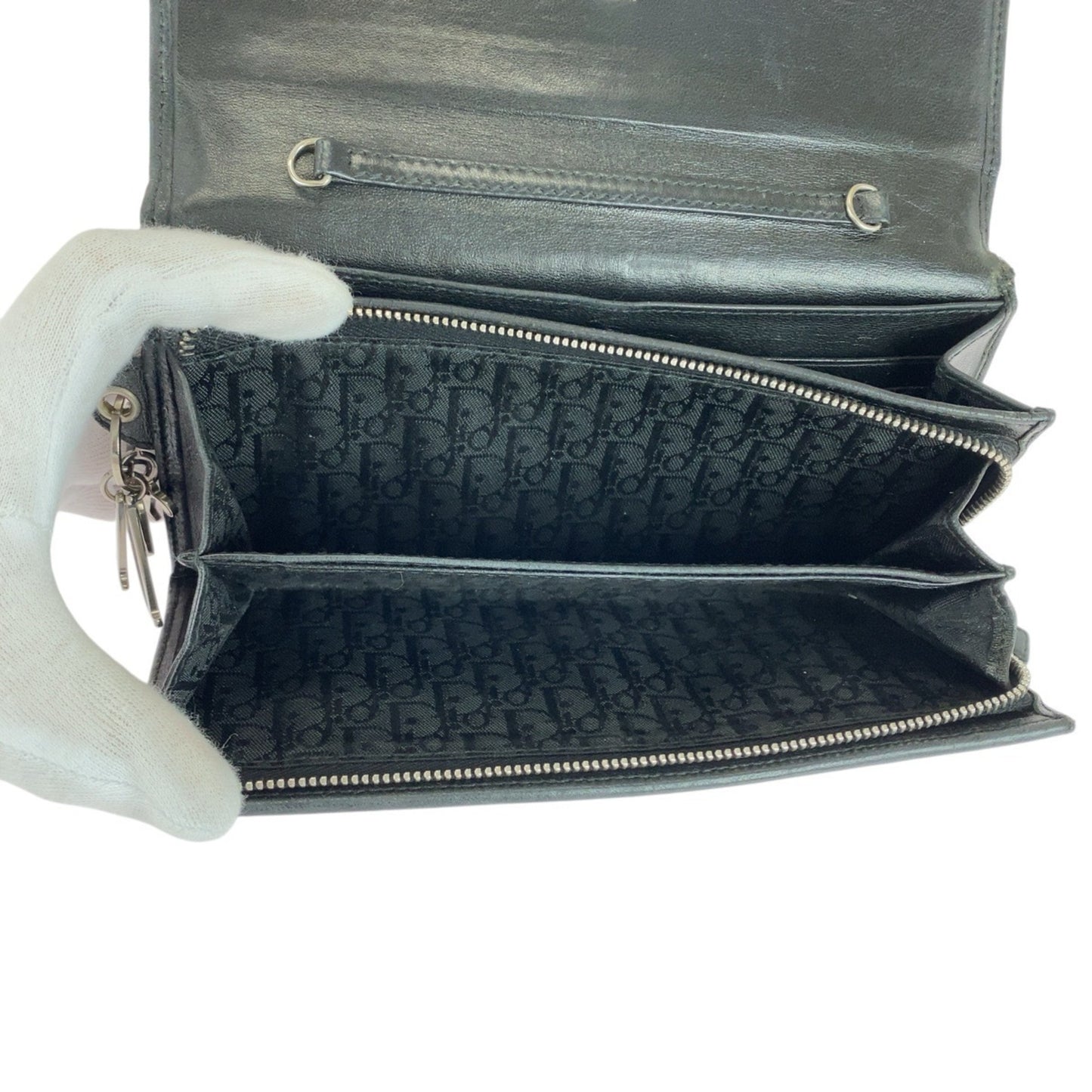 Christian Dior Cannage Black Leather Long Wallet with Silver Hardware, MC0028, Women's