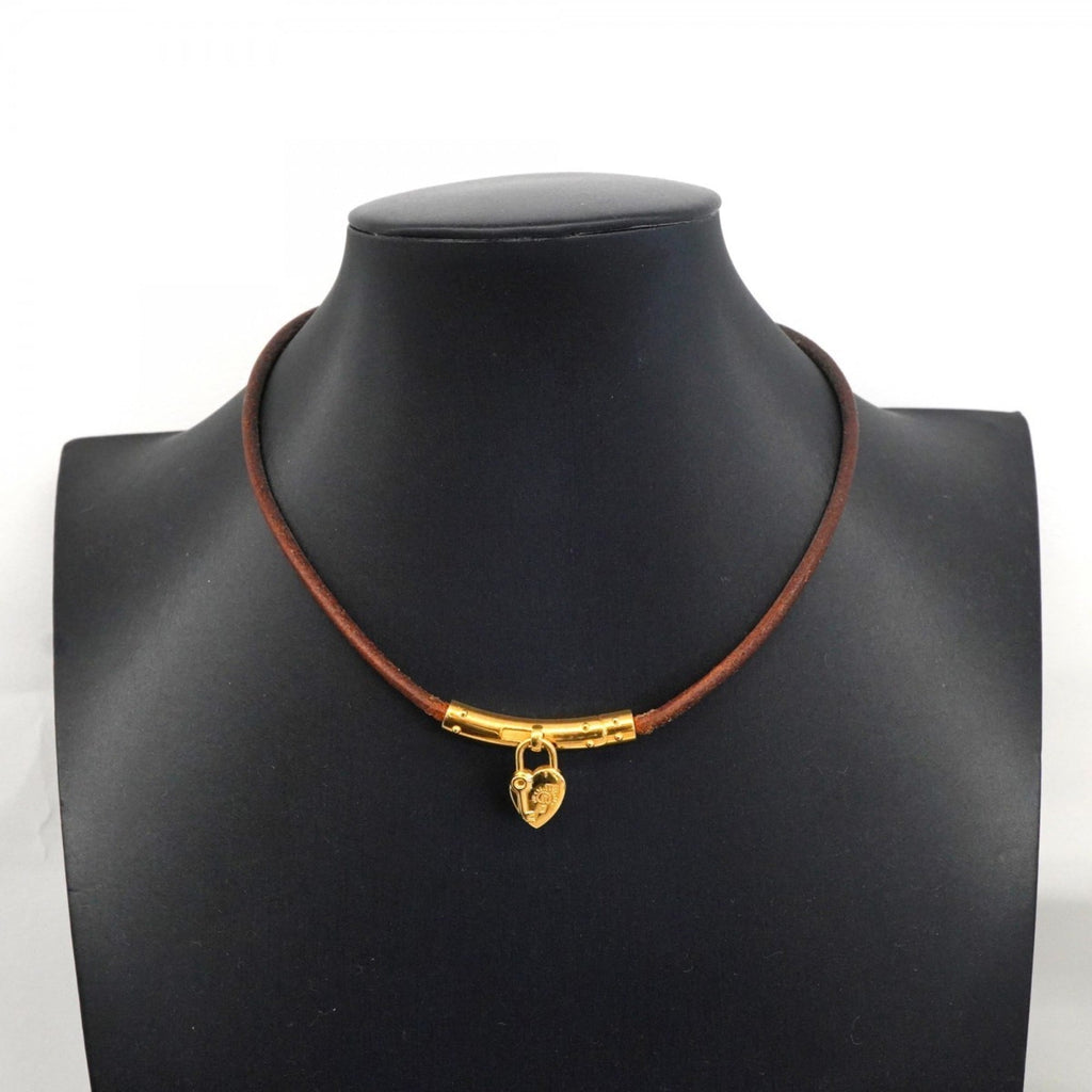 Hermes Hermès Viviride Fantasy Heart Bracelet Choker, GP Plated Leather, Gold and Brown, Women's