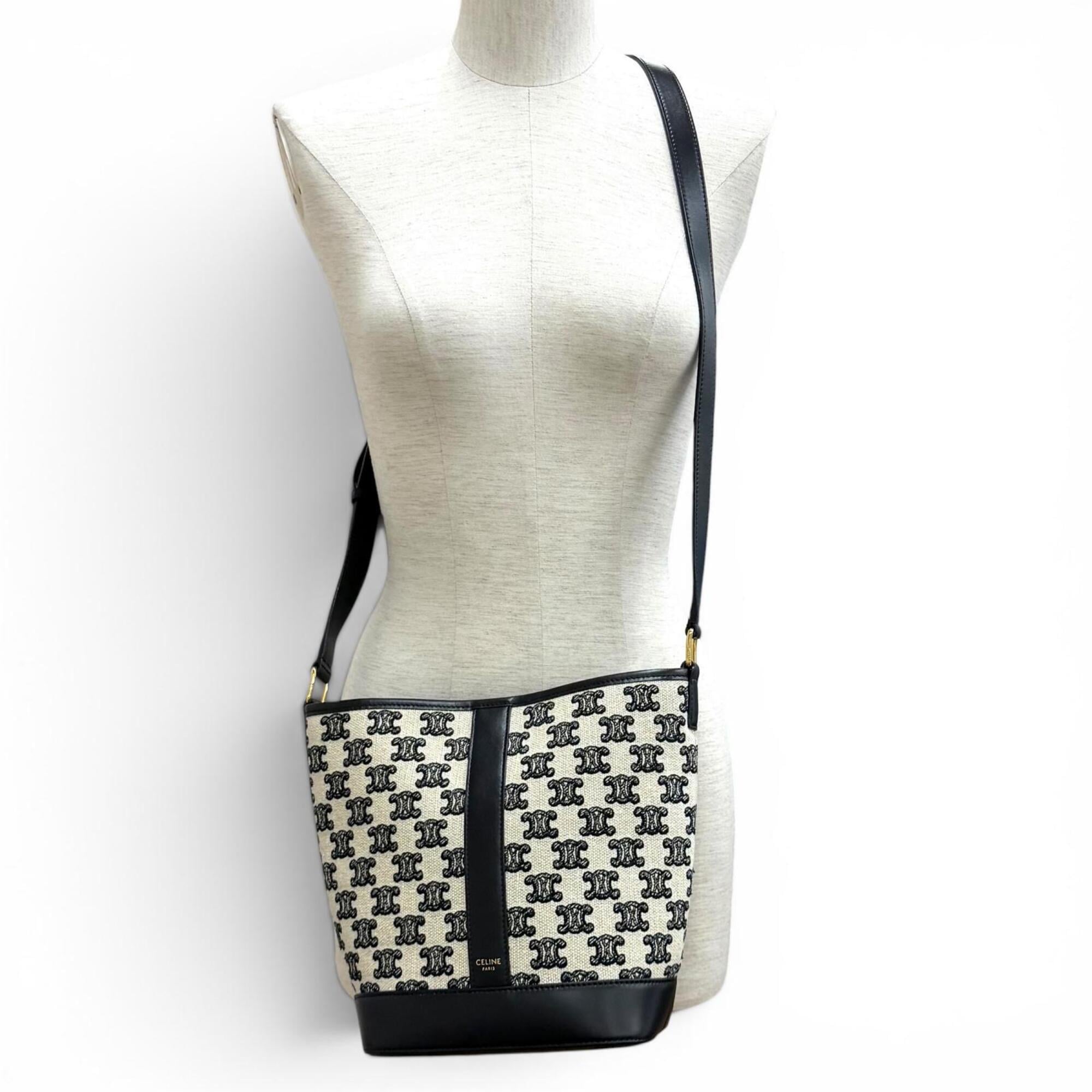 CELINE 19144 Small Bucket Triomphe Canvas & Calfskin Shoulder Bag, Off-White/Black, Made in Italy, Women's — Like New