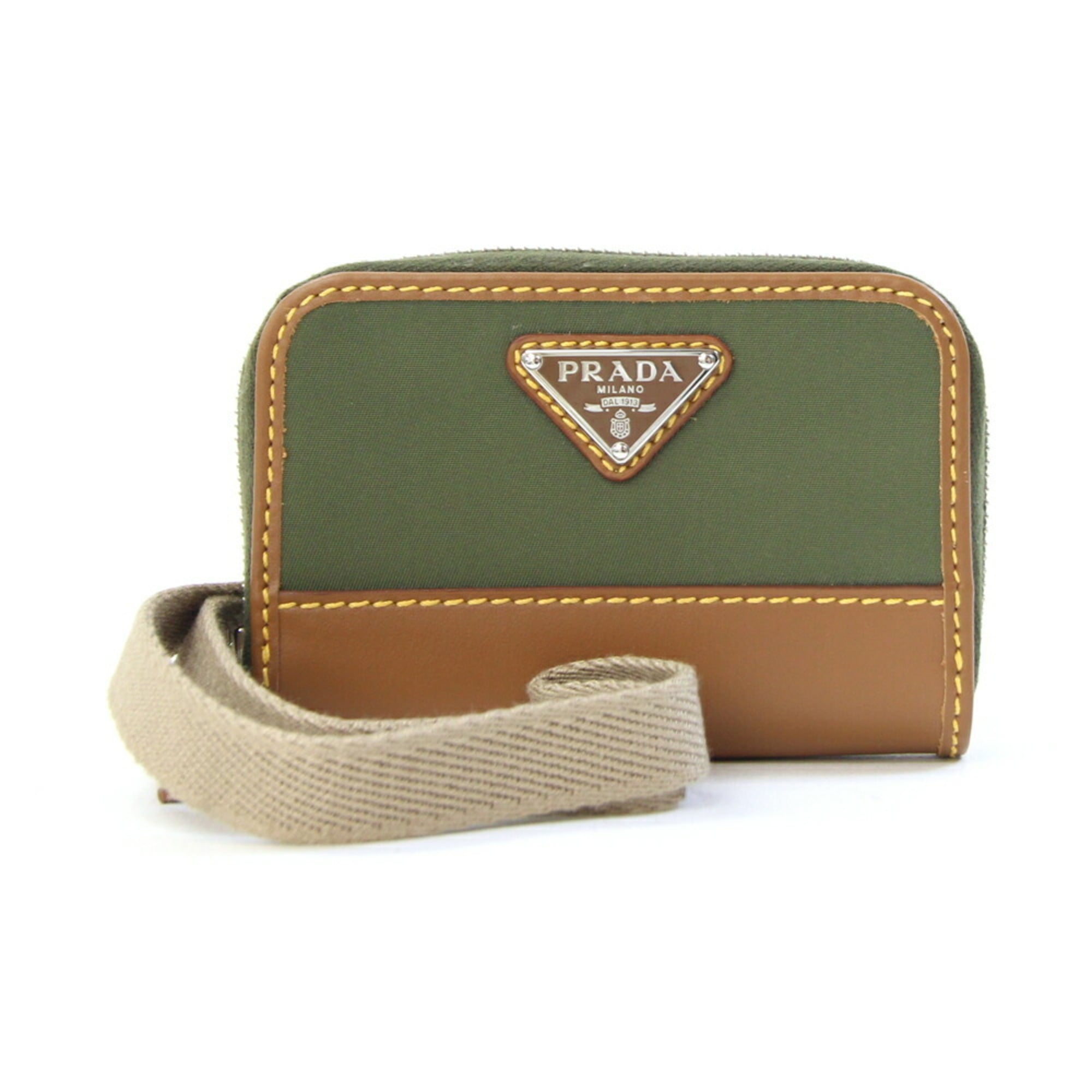 Prada Coin Case 2MR039 Khaki Brown Nylon Leather with Neck Strap, Mini Wallet, Round Compact Wallet for Men and Women