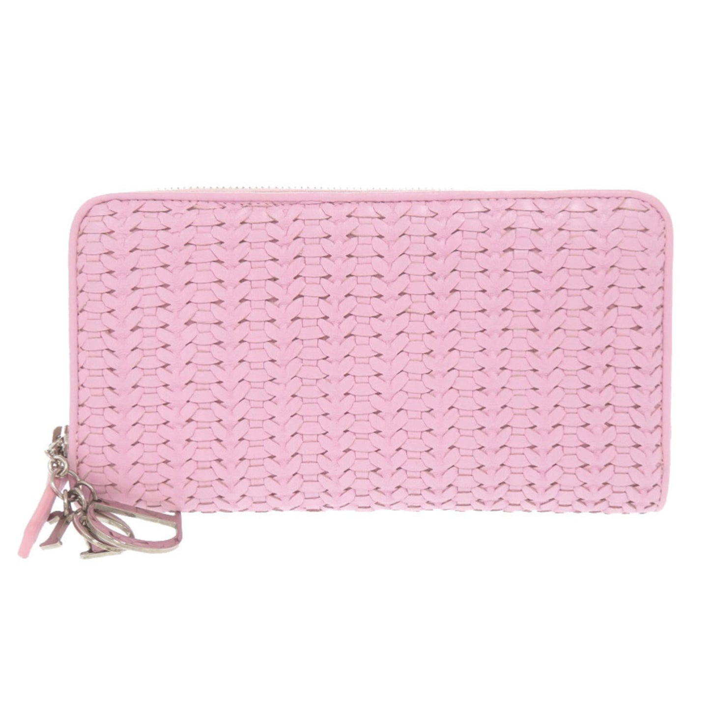 Excellent condition Christian Dior braided leather pink round zipper long wallet 1634