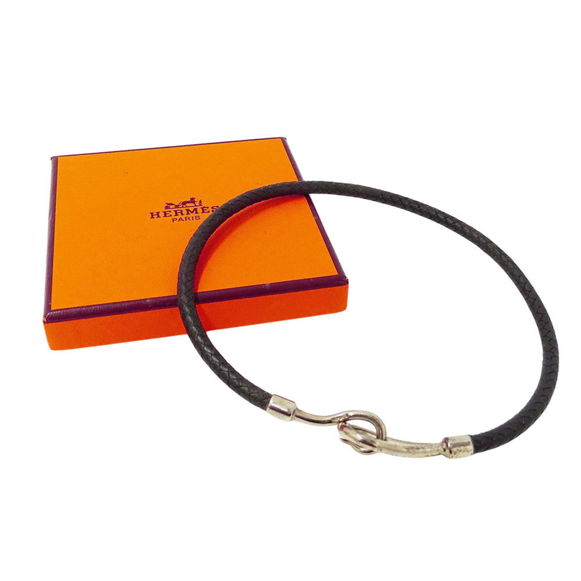 Hermes Hermès Jumbo Leather Choker for Women, Black with Silver Hardware, 2-Way Accessory, Stylish Bracelet Hook