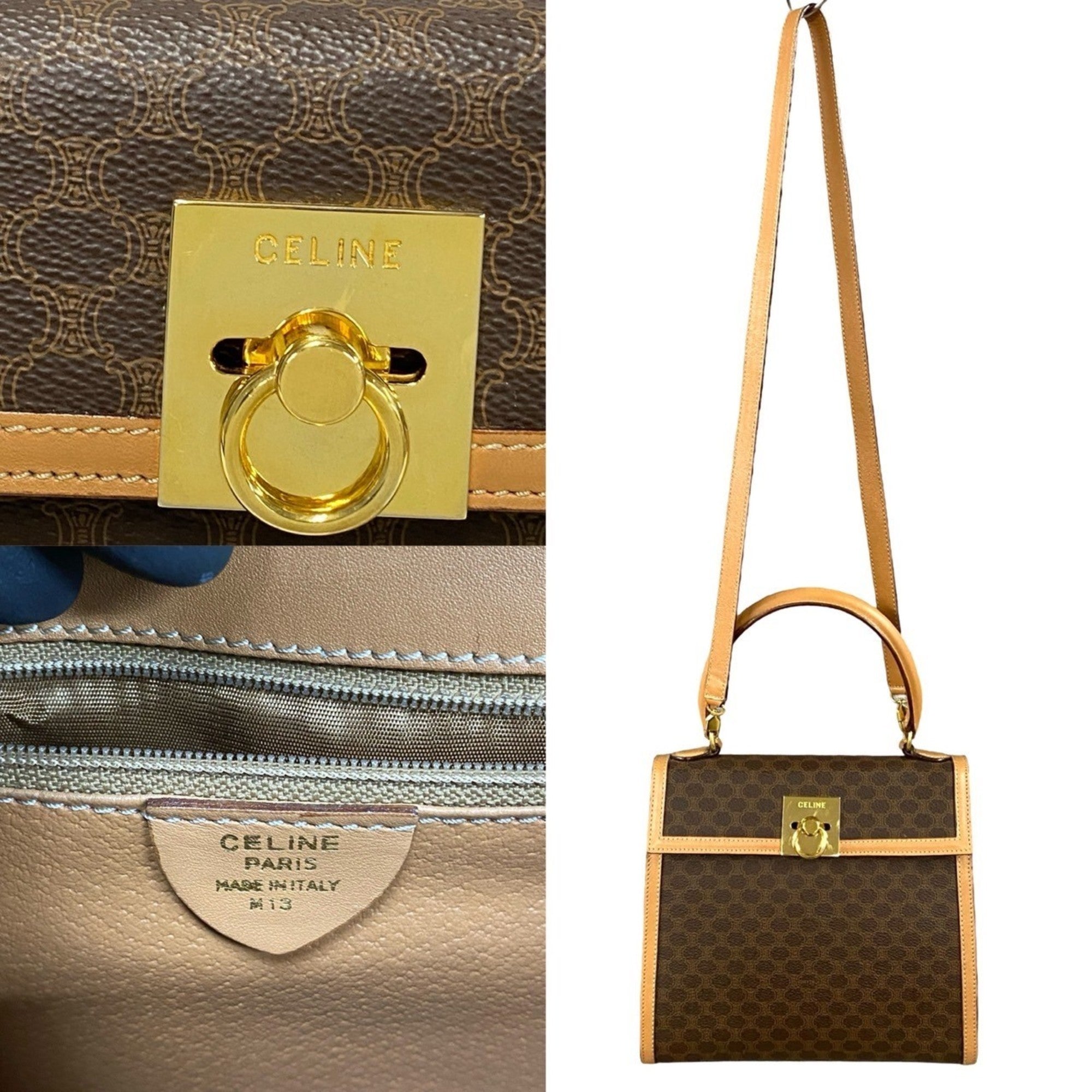 CELINE Macadam Blason Triomphe Print Logo Ring Hardware Leather 2-Way Handbag/Shoulder Bag Brown 35397 — Like New