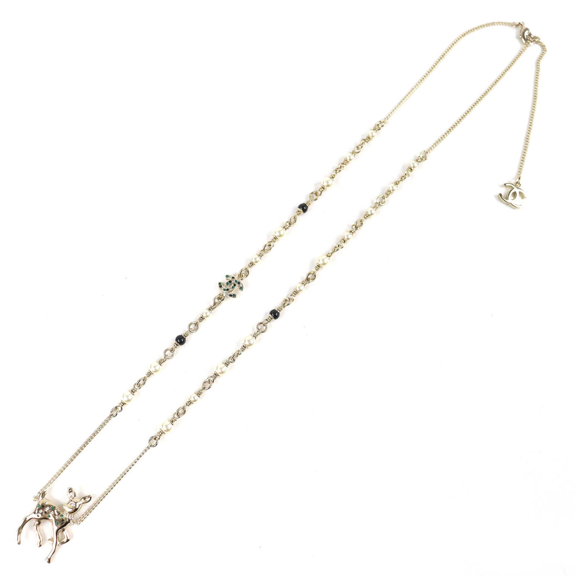 CHANEL Bambi Coco Mark Rhinestone Faux Pearl Necklace, 2026 Model, Gold, Comes with Box and Case, Made in Italy, Women's — Like New