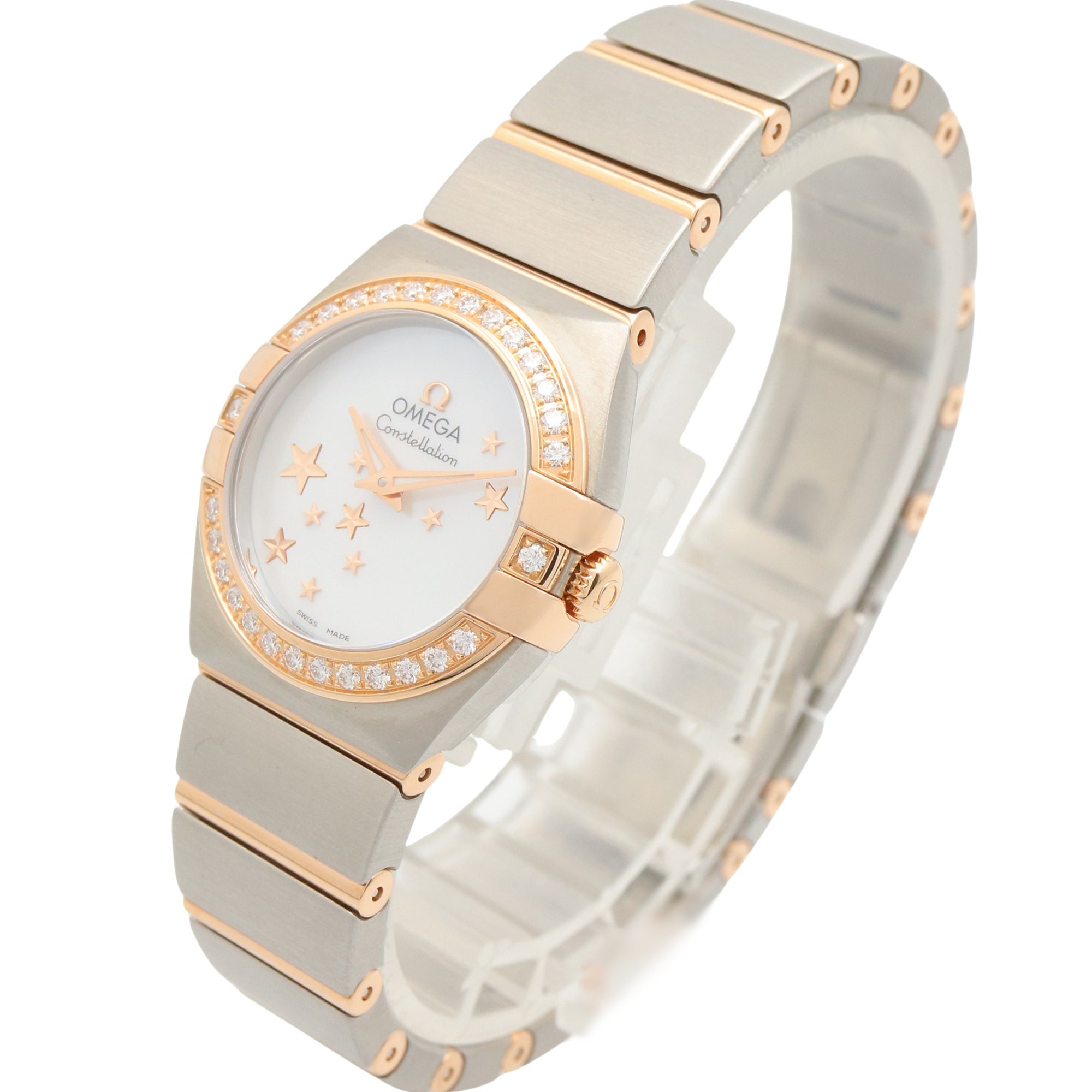 Omega Constellation Star Blue Diamond Bezel Watch, 18K Pink Gold (PG) Stainless Steel, Diamond, Ladies', White/White Mother-of-Pearl, 123.25.24.60.05.002 — Very Good