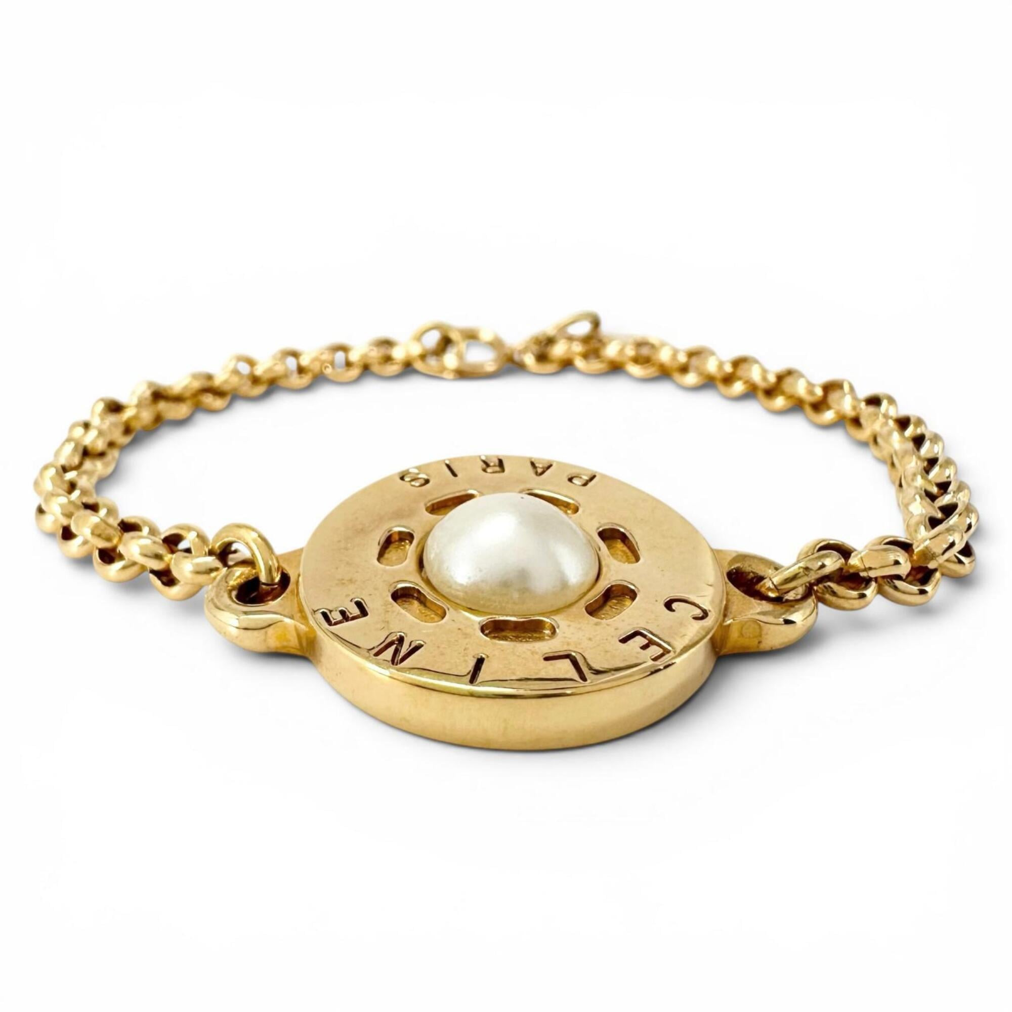 CELINE Vintage Faux Pearl Plated Circle Logo Bracelet, Gold, Made in France, Women's — Like New