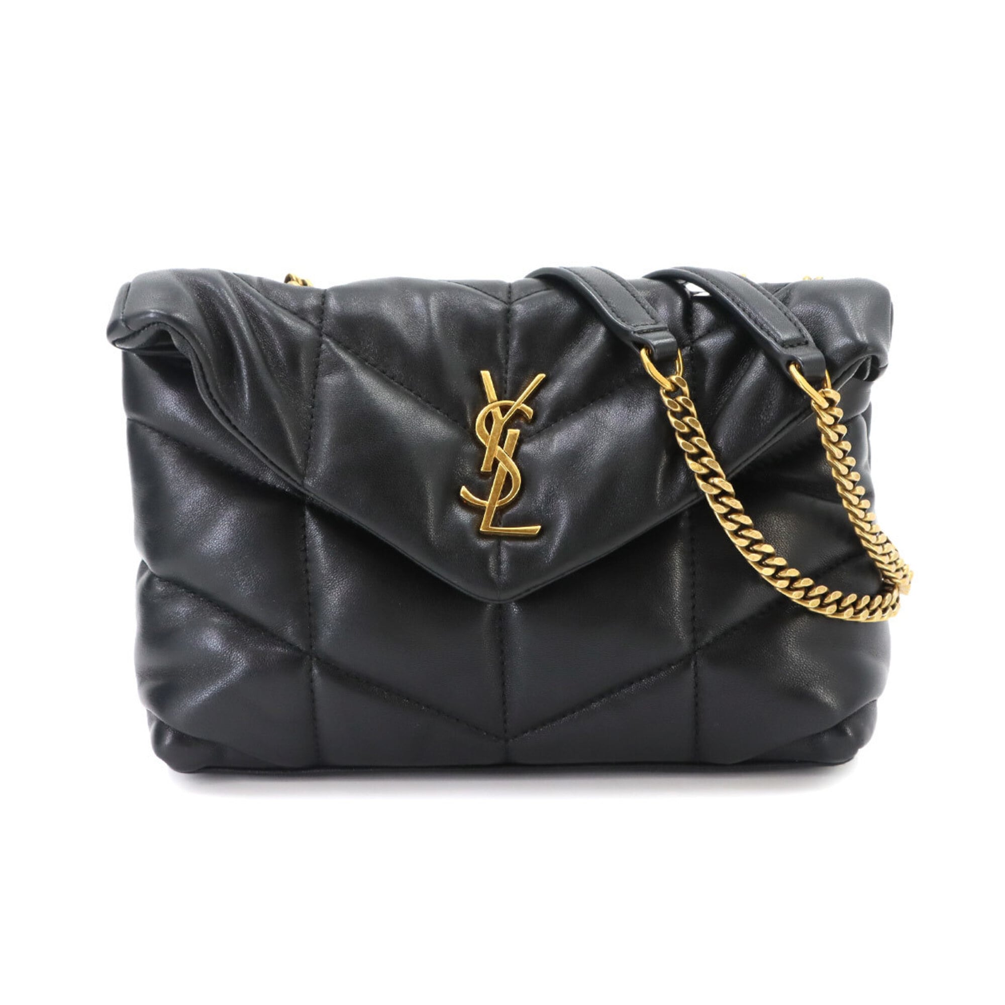Saint Laurent Puffer Toy Chain Shoulder Handbag, Leather, Black, 759337, Gold Hardware — Like New