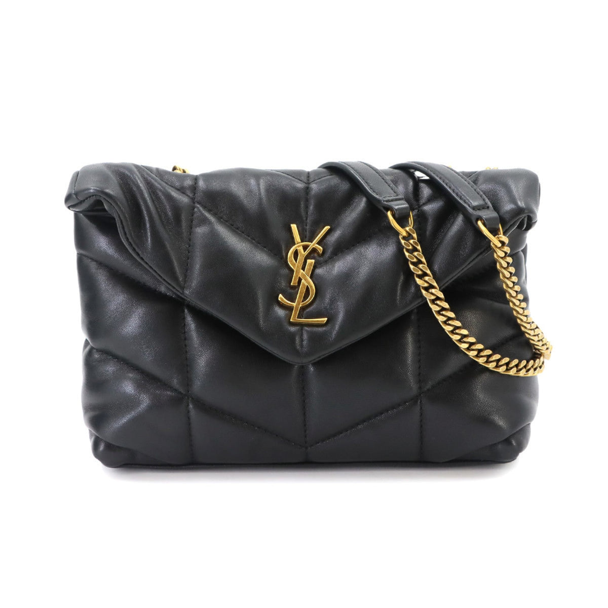 Saint Laurent Puffer Toy Chain Shoulder Handbag, Leather, Black, 759337, Gold Hardware — Like New