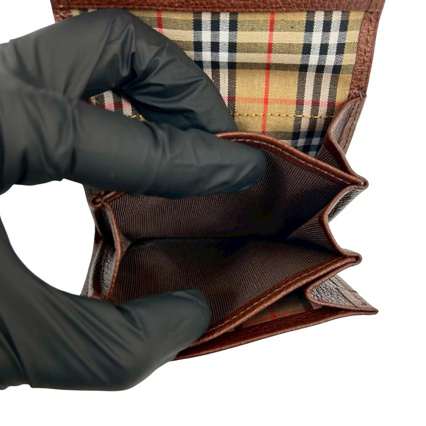 Unused, stored BURBERRY Nova check pattern logo engraved leather coin purse brown 01793