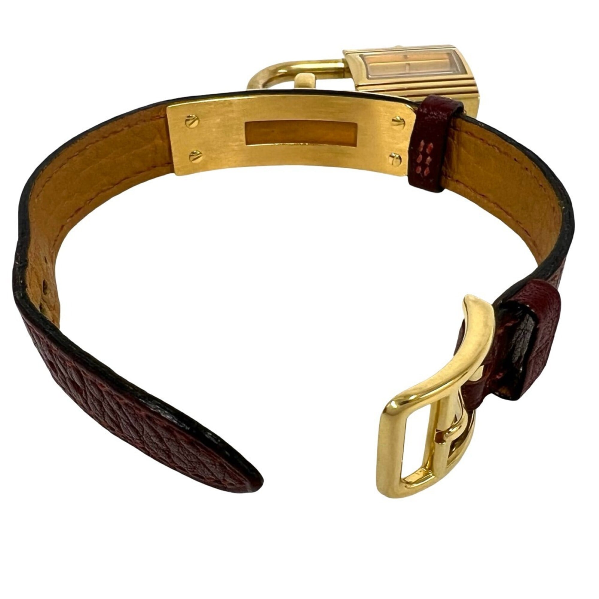 HERMES Vintage Kelly Watch GP Leather Genuine Quartz Wristwatch Brown Gold 33095 — Good