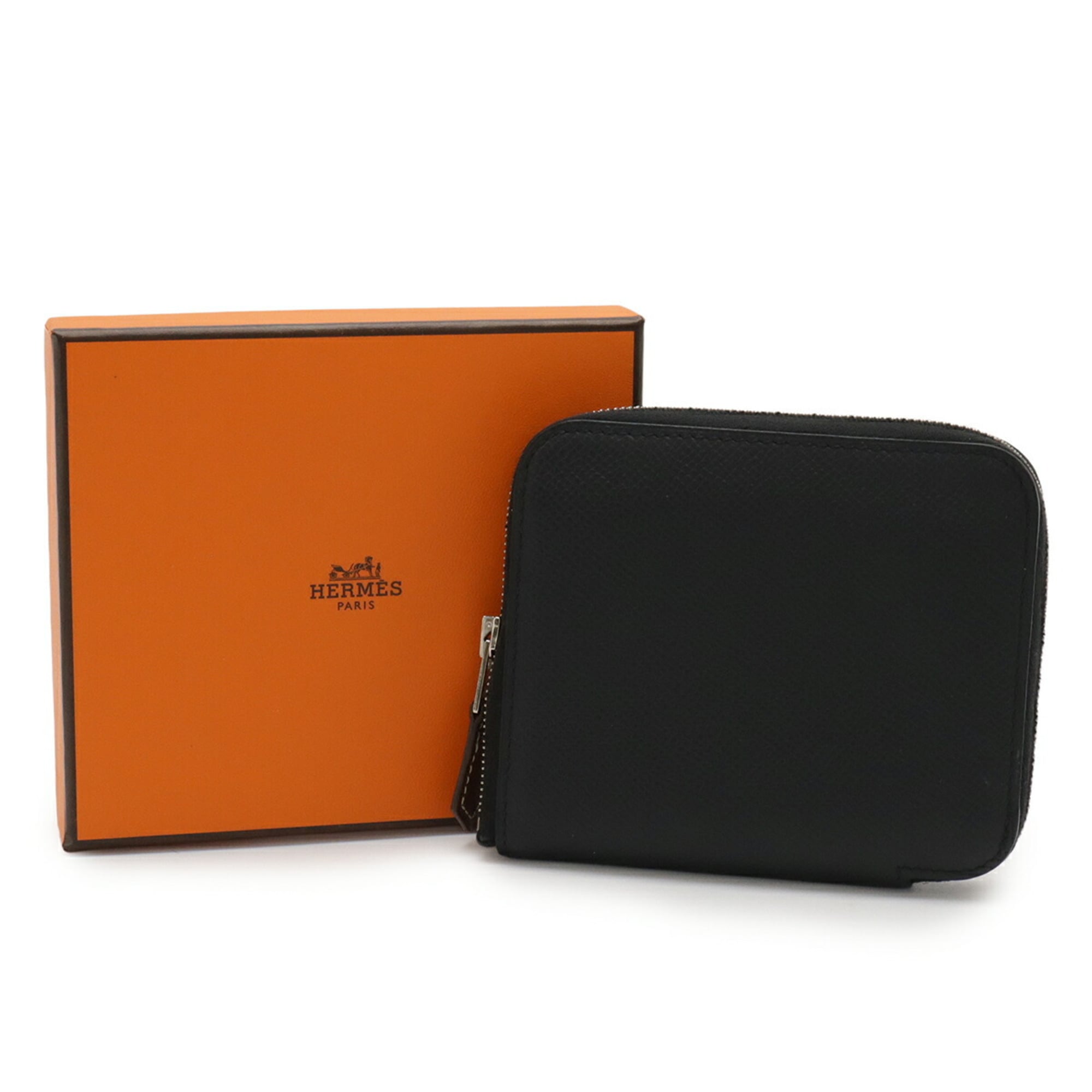 HERMES Azap Silkin Compact Coin Case Wallet/Coin Purse Round Epsom Leather Black with D Stamp
