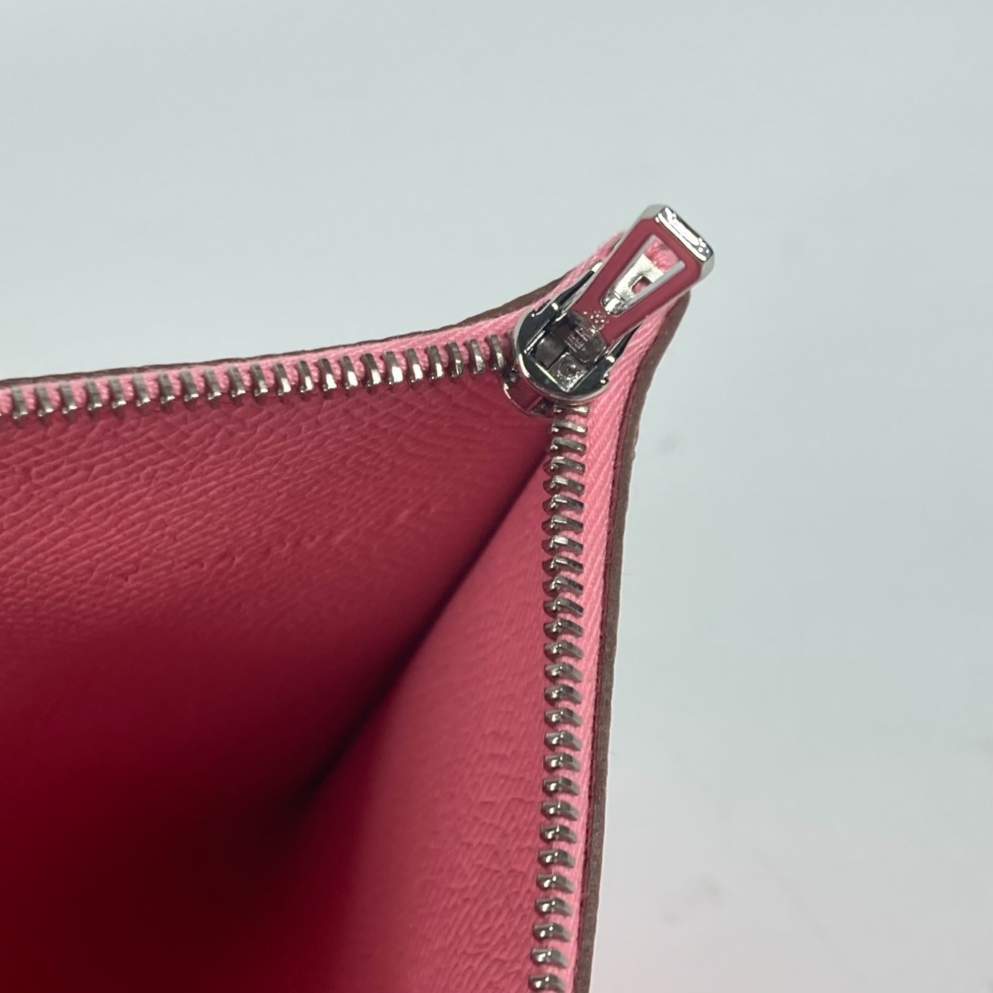 HERMES Calvi GM Flat Pouch with Pouch, Bifold Clutch Bag, Epsom Leather, Unisex, Brown and Pink, Like New — Like New