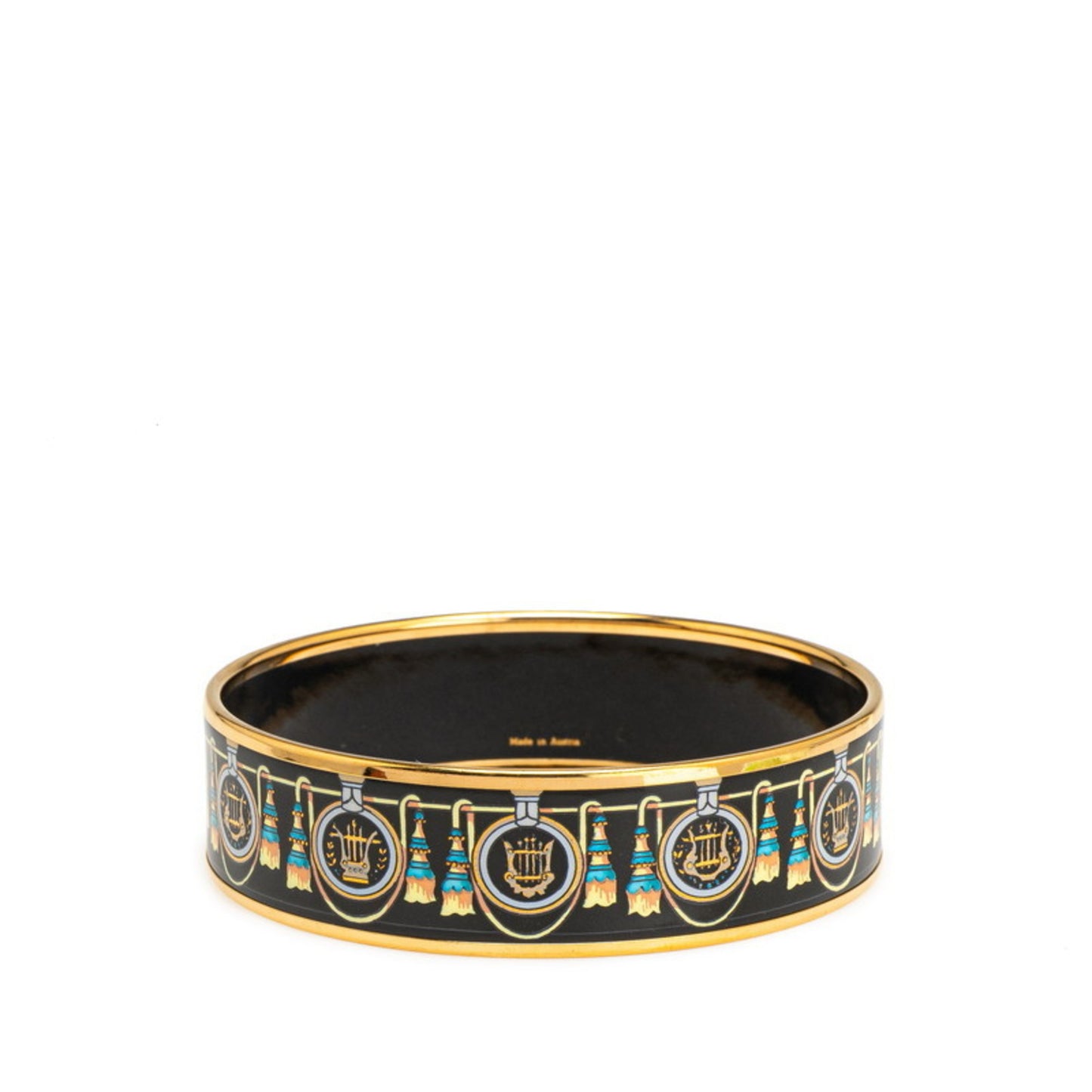 Hermes GM Enamel Cloisonne Tassel Bangle in Black and Gold Plated for Women