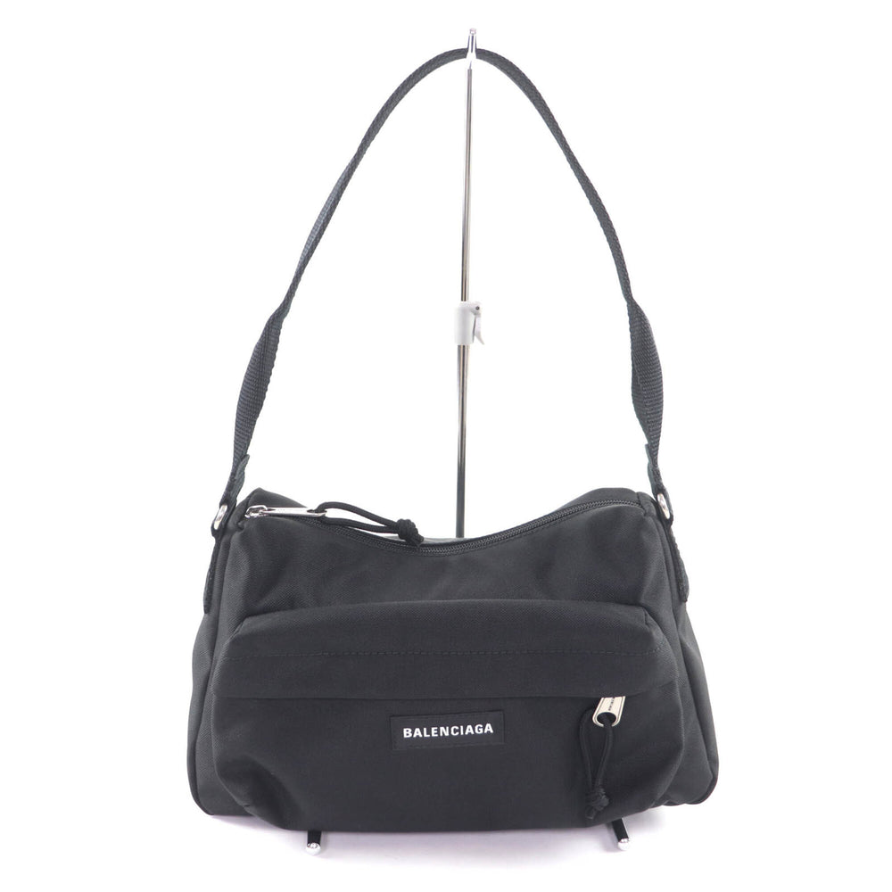 BALENCIAGA 787574 Explorer Nylon One-Shoulder Bag with Logo, Black, Made in Italy, Women's — Like New