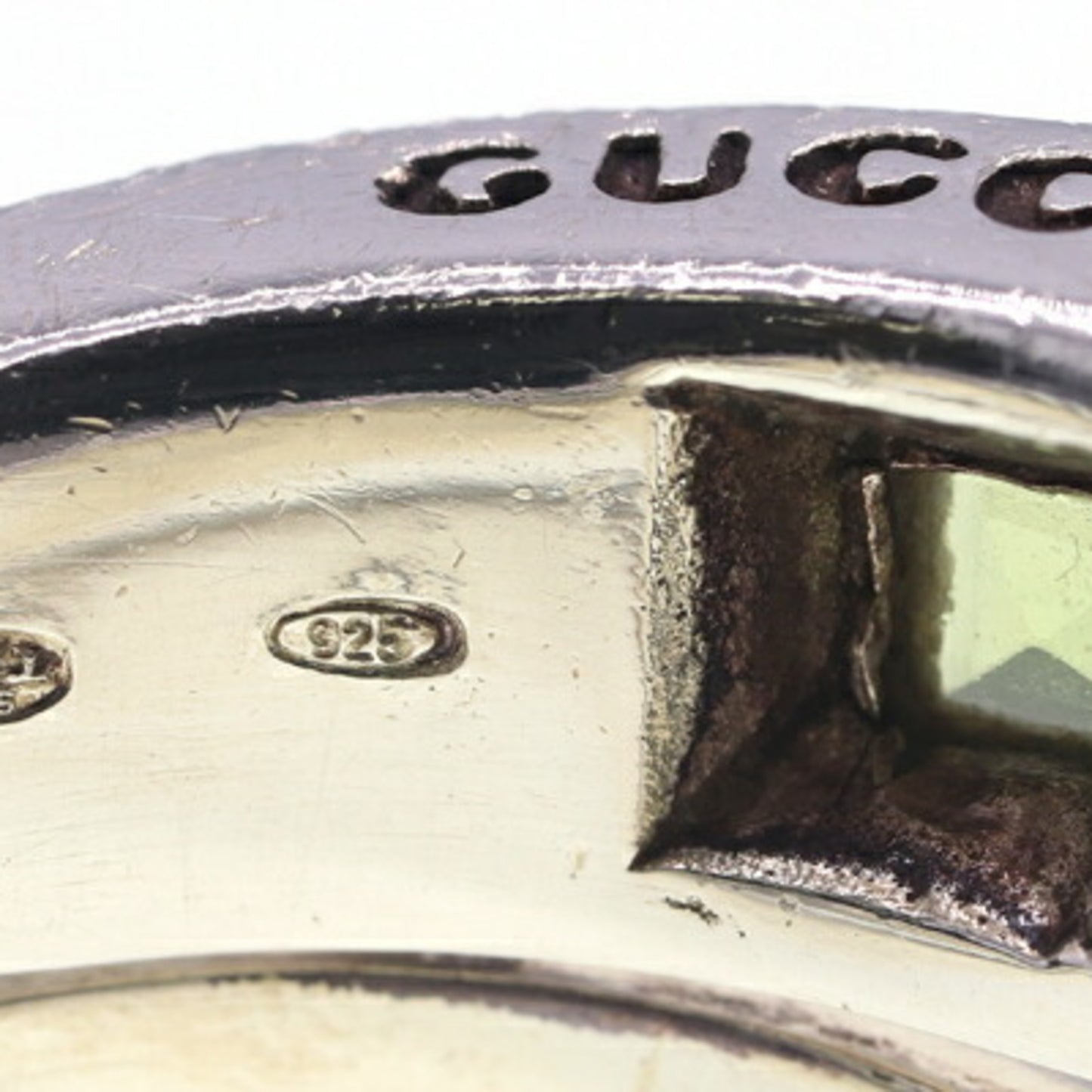 Gucci Spiral Ring in Sterling Silver (925) with Peridot and Green Stones, Size 8/US 4.5