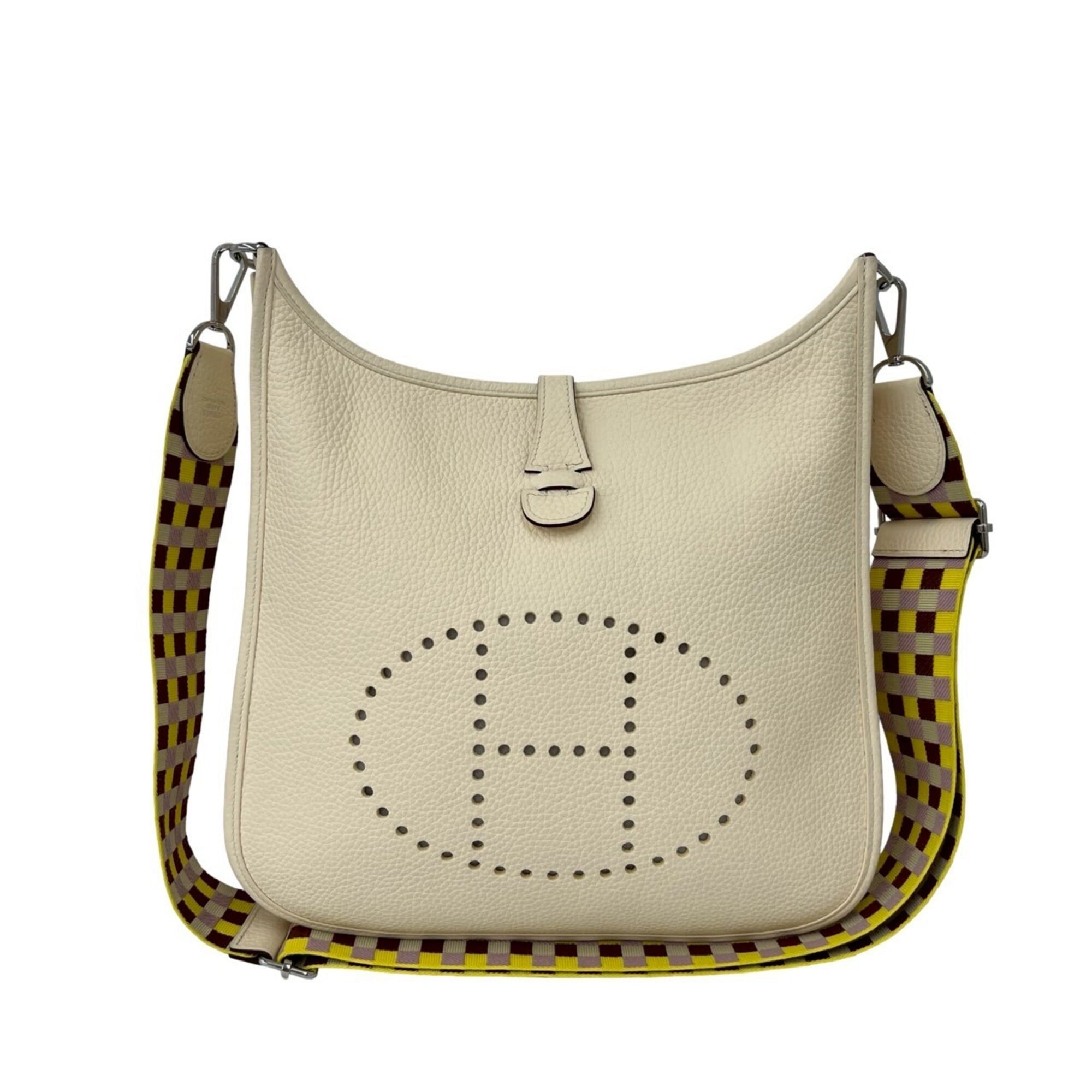 HERMES Evelyne 3 PM Taurillon Clemence Leather Shoulder Bag/Sacoche, Ivory, 65819 — Like New
