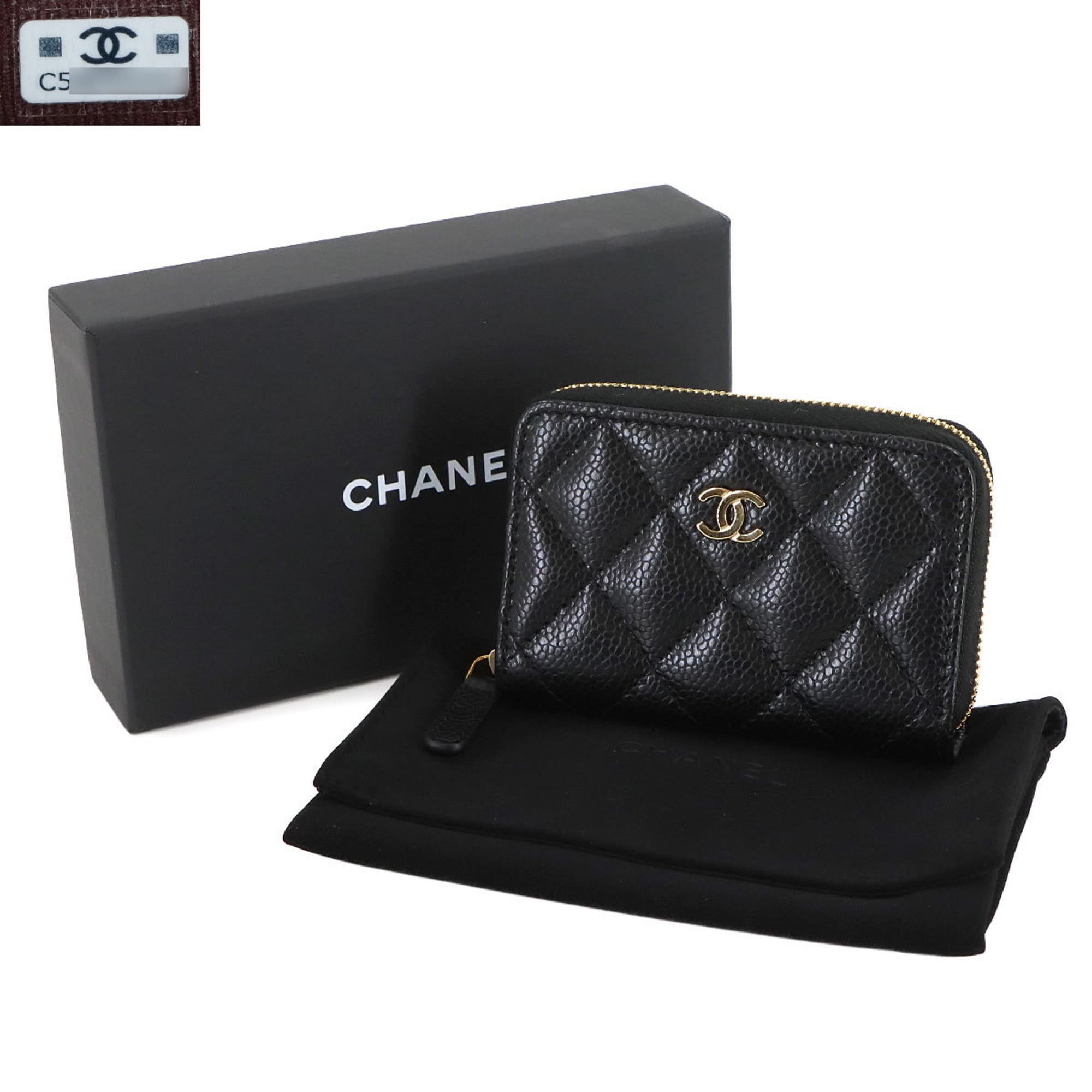 CHANEL Matelasse Classic Zip Coin Purse, Caviar Leather, Black, Coco Mark, Gold Hardware, AP0216