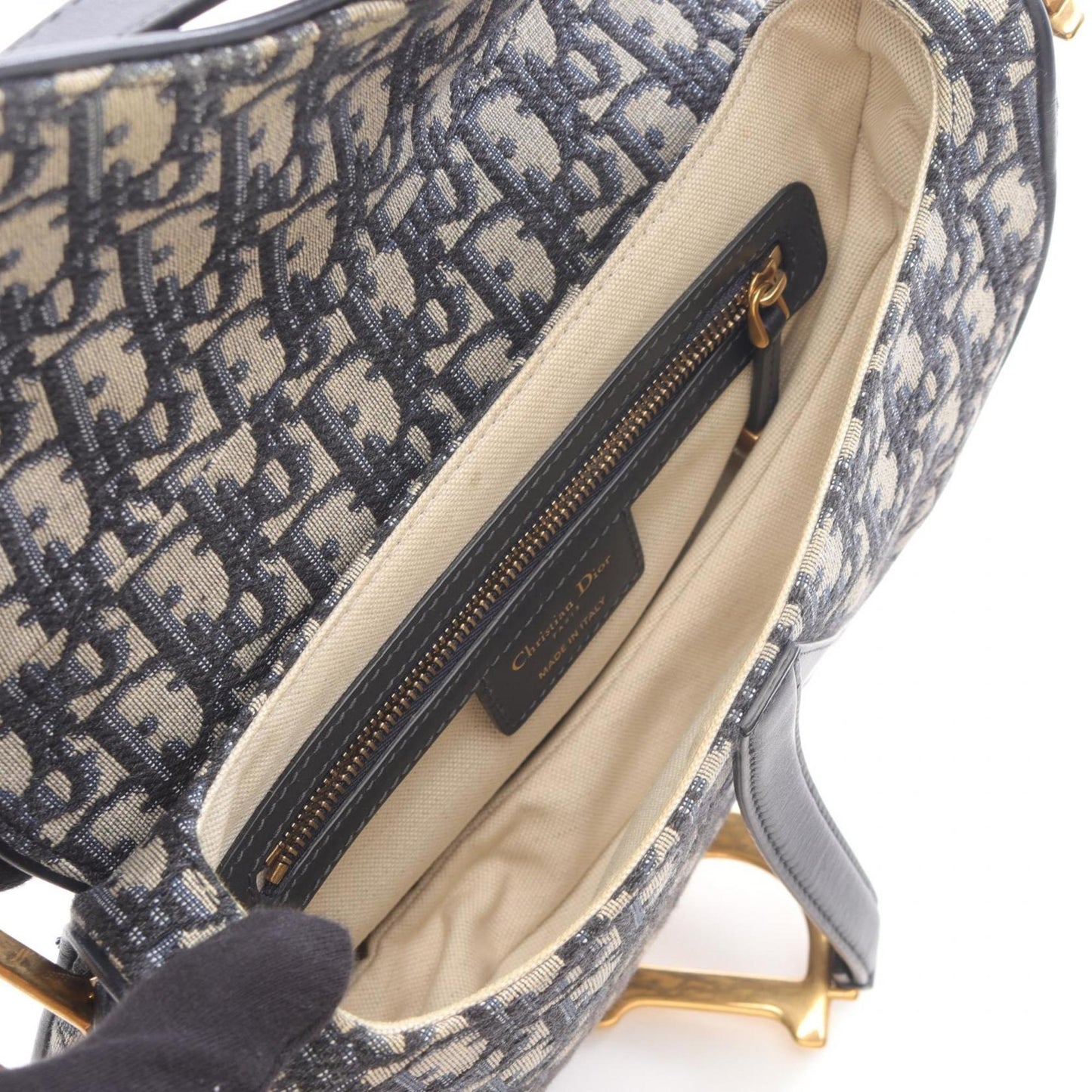 Christian Dior Dior Saddlebag, Oblique Jacquard Handbag, Canvas and Leather, Women's, Ivory Navy