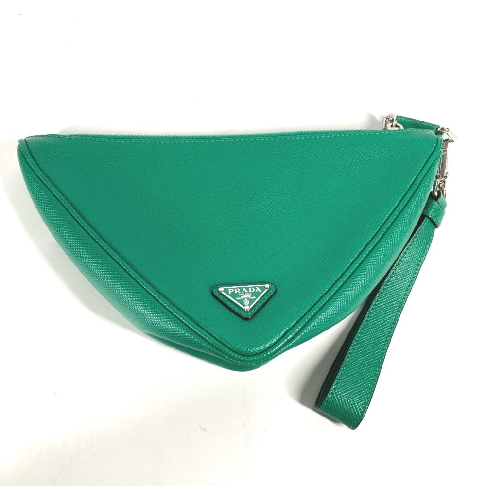 PRADA 2NE054 Embossed Triangle Plate Pouch Clutch Bag with Strap Saffiano Leather Men's Green — Like New