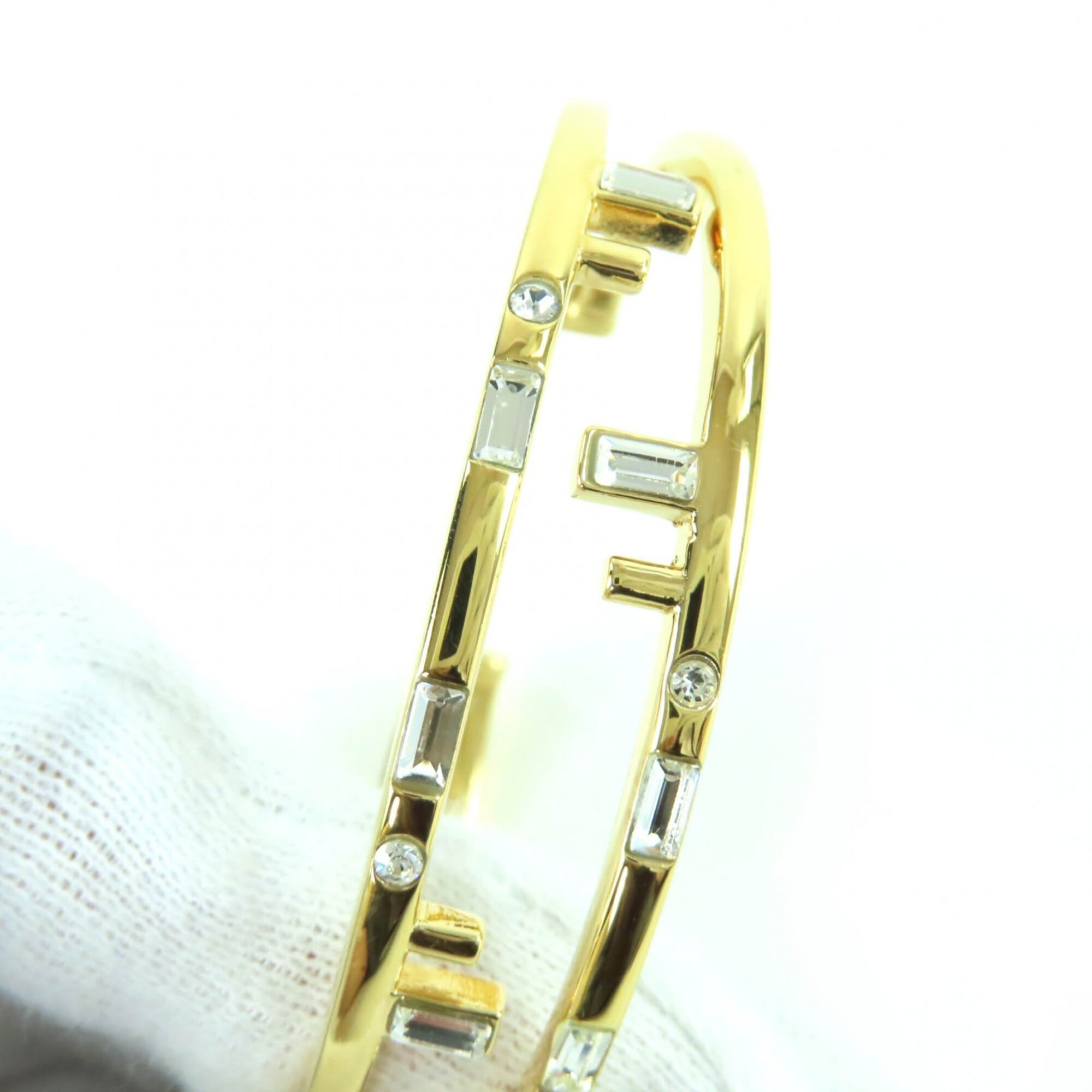 FENDI First FF motif rhinestone bangle bracelet, size M, gold, with box, made in Italy, women's — Like New