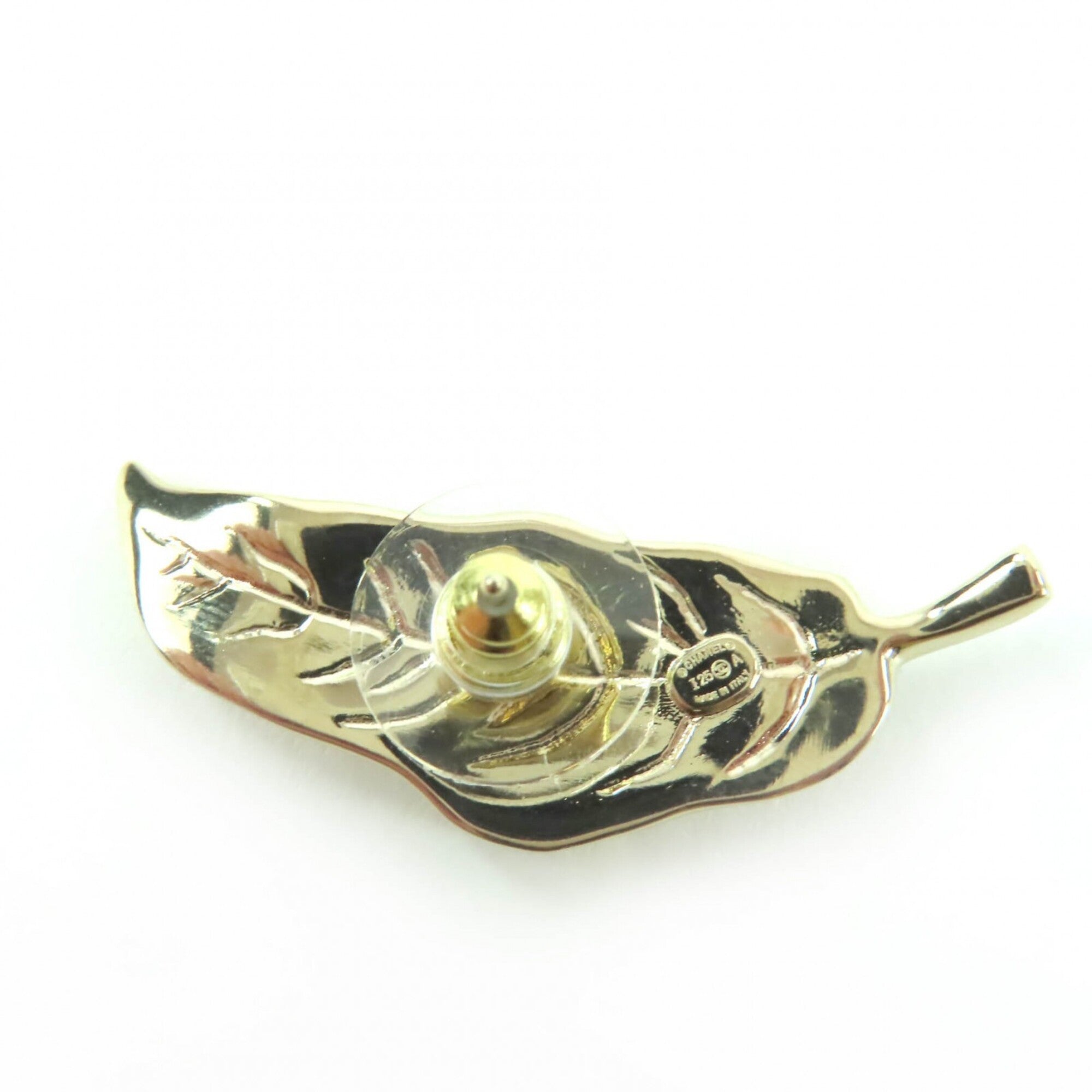 CHANEL I25A Coco Mark Leaf Design Rhinestone Earrings, Gold, Made in Italy, Women's — Like New